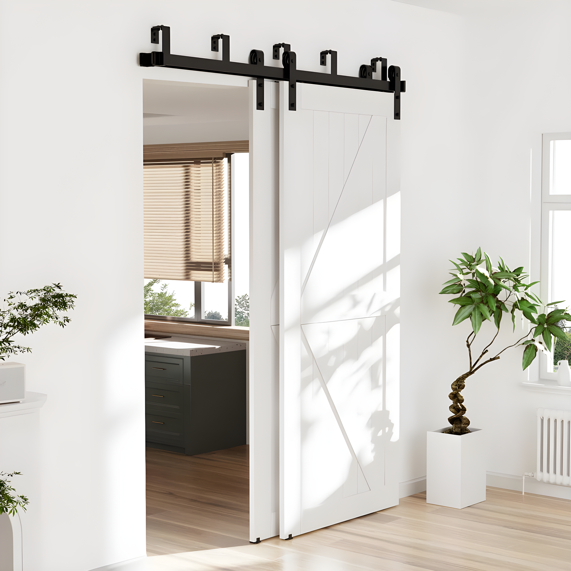 LAZ Sliding Double Bypass Double Door Barn Door Hardware Kit