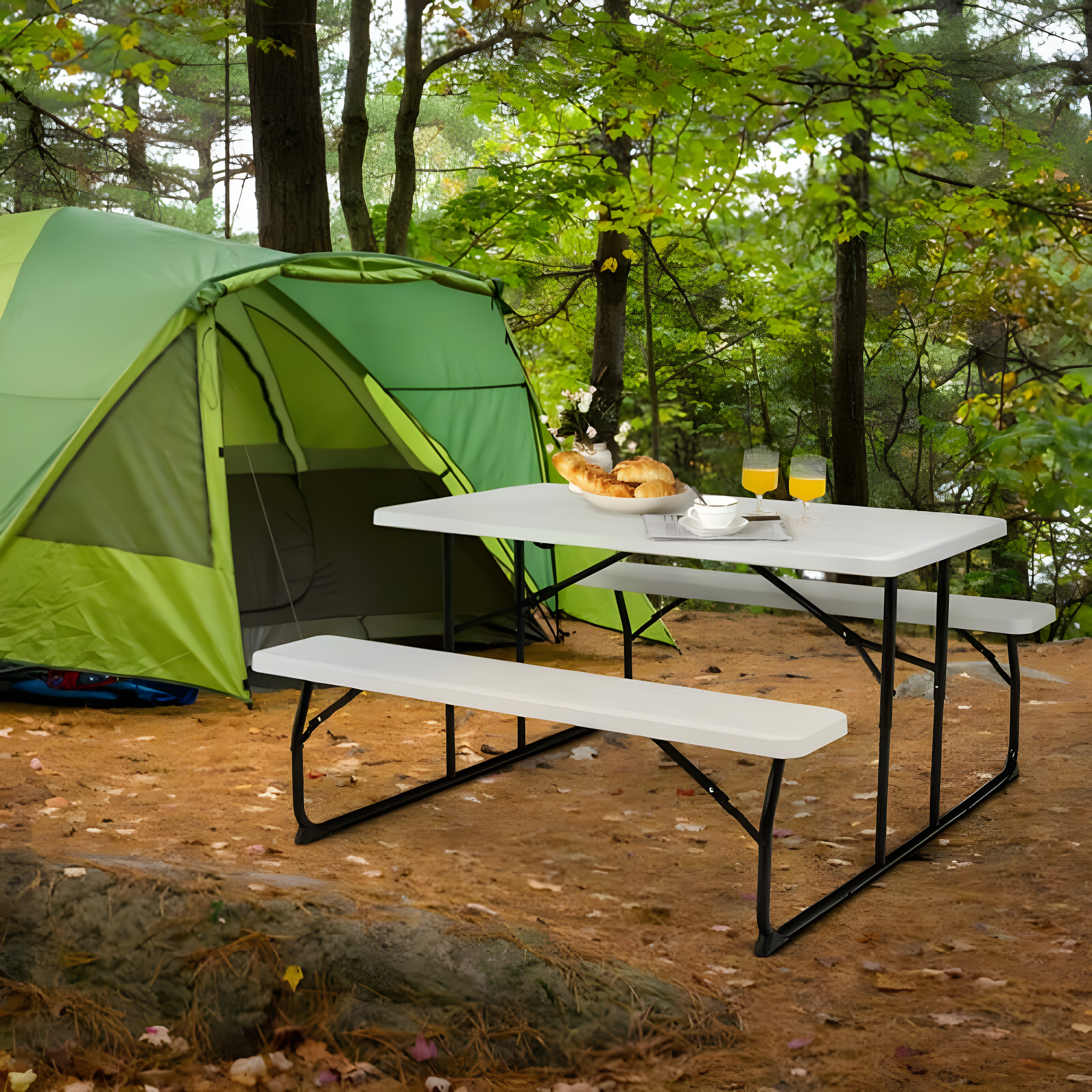 Topcobe Indoor and Outdoor Folding Picnic Table Bench Set with Wood-like Texture, Outdoor Patio Furniture for Balcony Garden Backyard-White