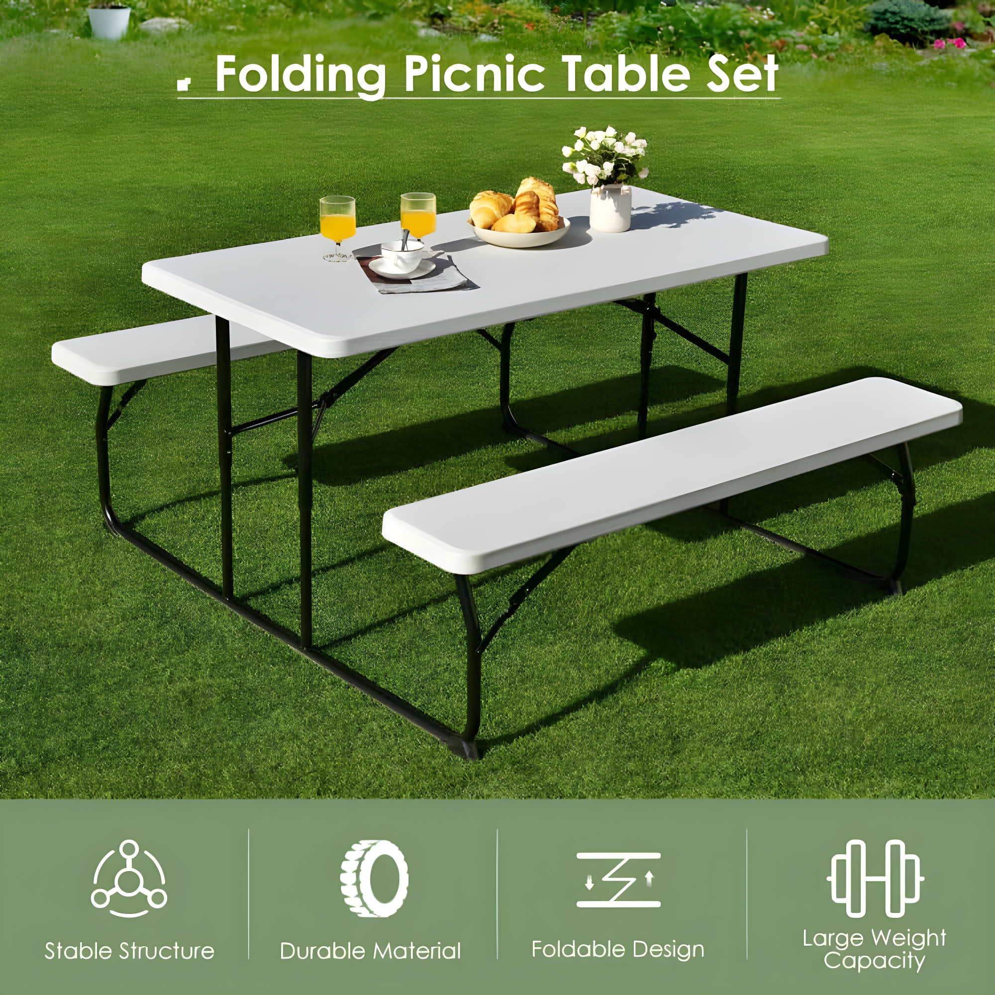 Topcobe Indoor and Outdoor Folding Picnic Table Bench Set with Wood-like Texture, Outdoor Patio Furniture for Balcony Garden Backyard-White