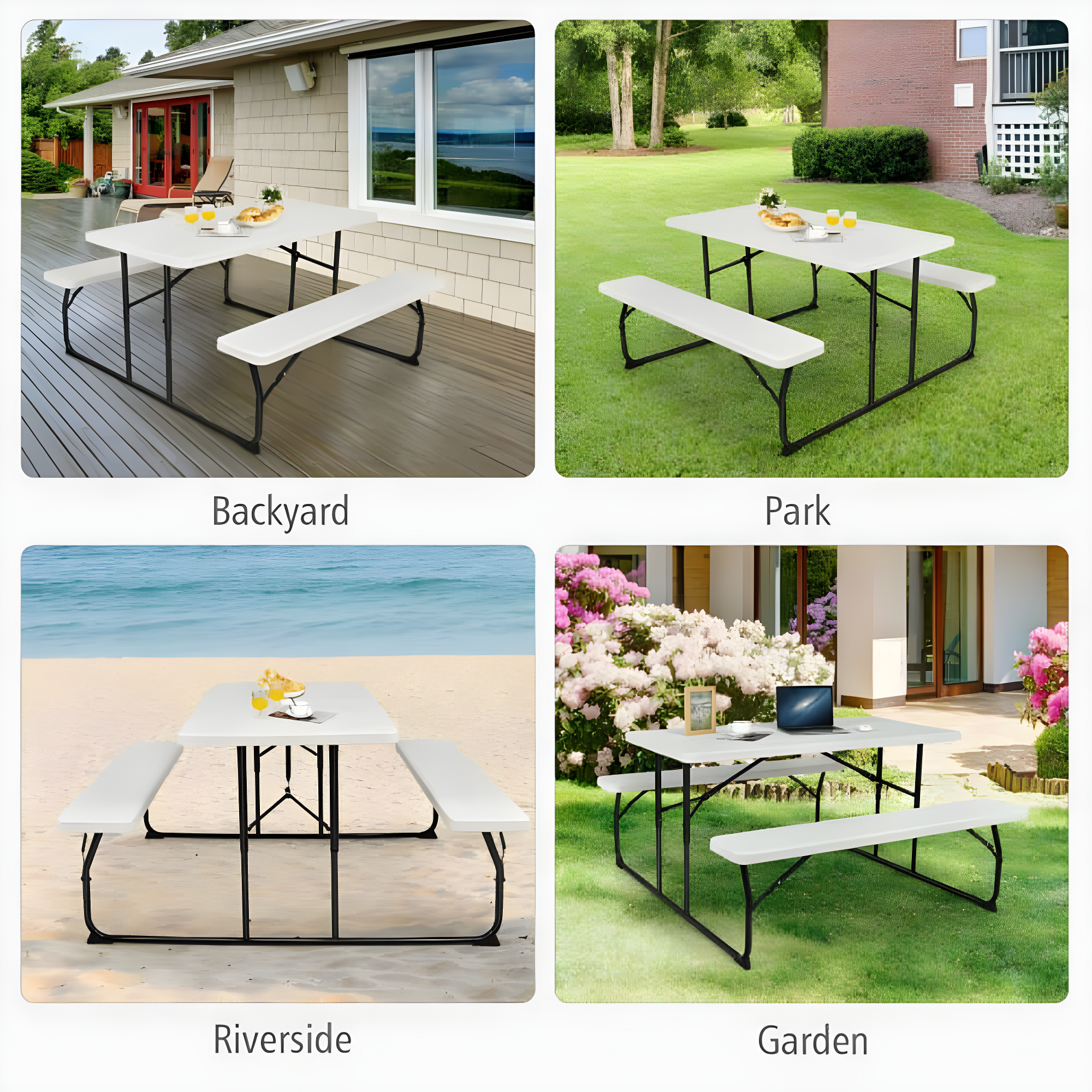 Topcobe Indoor and Outdoor Folding Picnic Table Bench Set with Wood-like Texture, Outdoor Patio Furniture for Balcony Garden Backyard-White