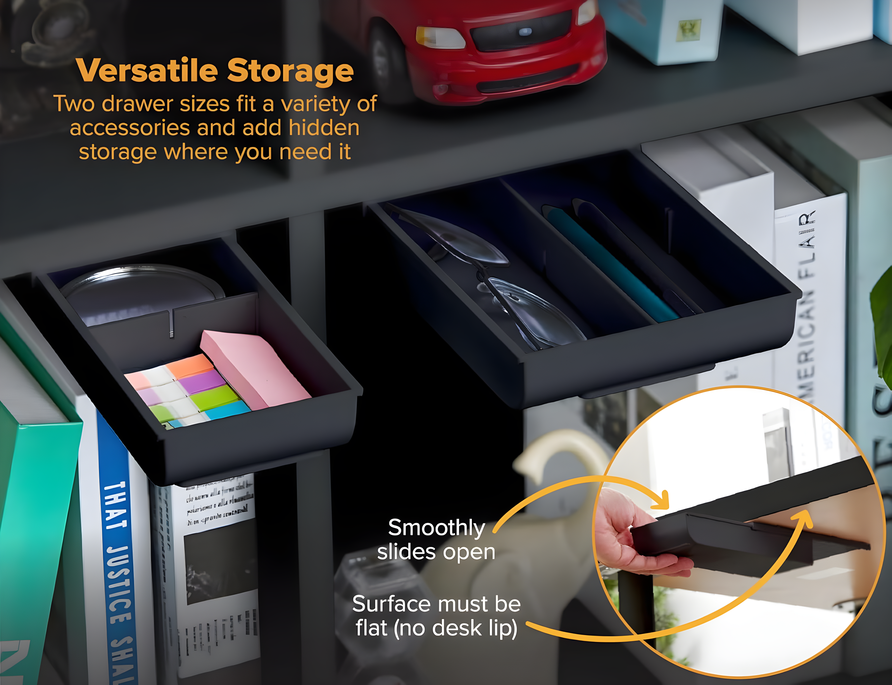 Black Self-Adhesive Under Desk Drawer Organizer with Dividers, 2-Pack