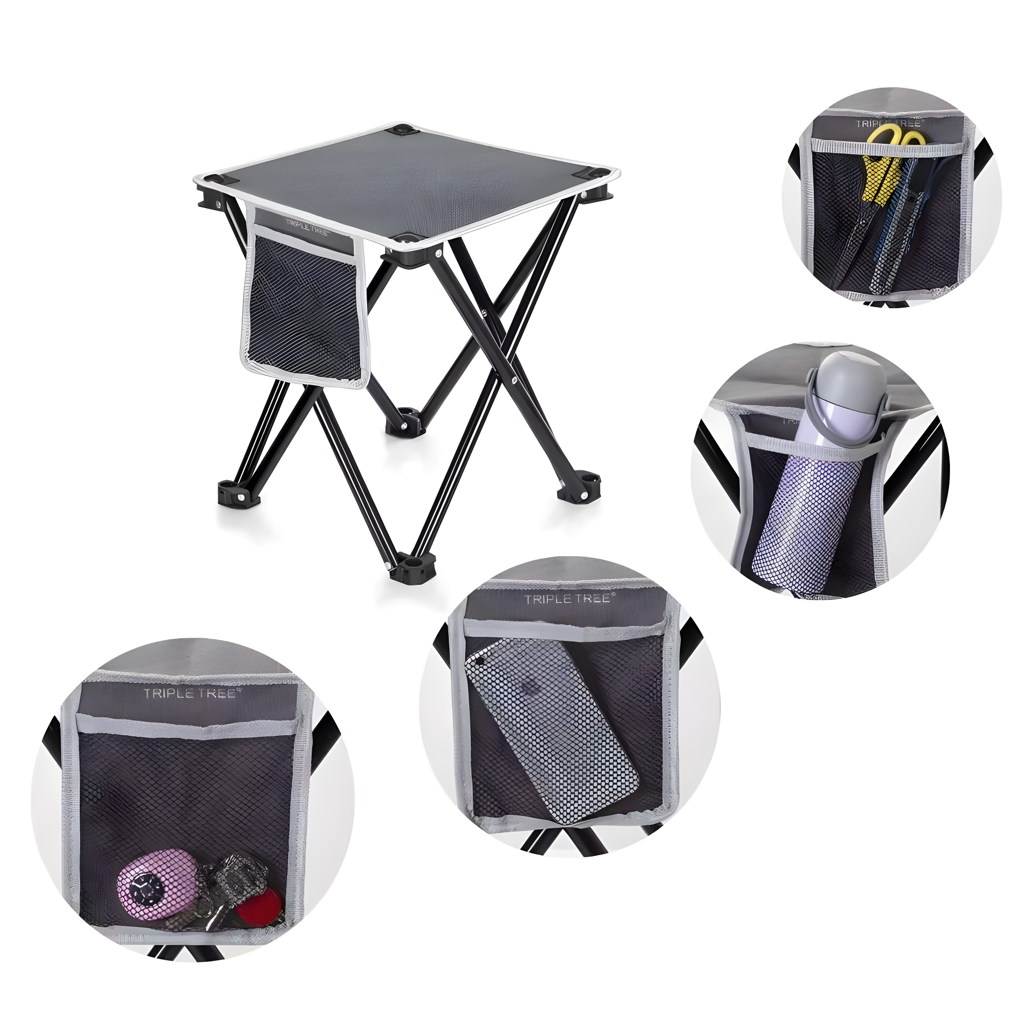 2pcs Portable Camping Stools with Package Bags, Reinforced Steel Frame Side Storage Pocket Anti-Slid Leg Pad for Outdoor Walking Hiking Fishing Portable Folding Chair, Gray 12.5x12.5x13.8inch