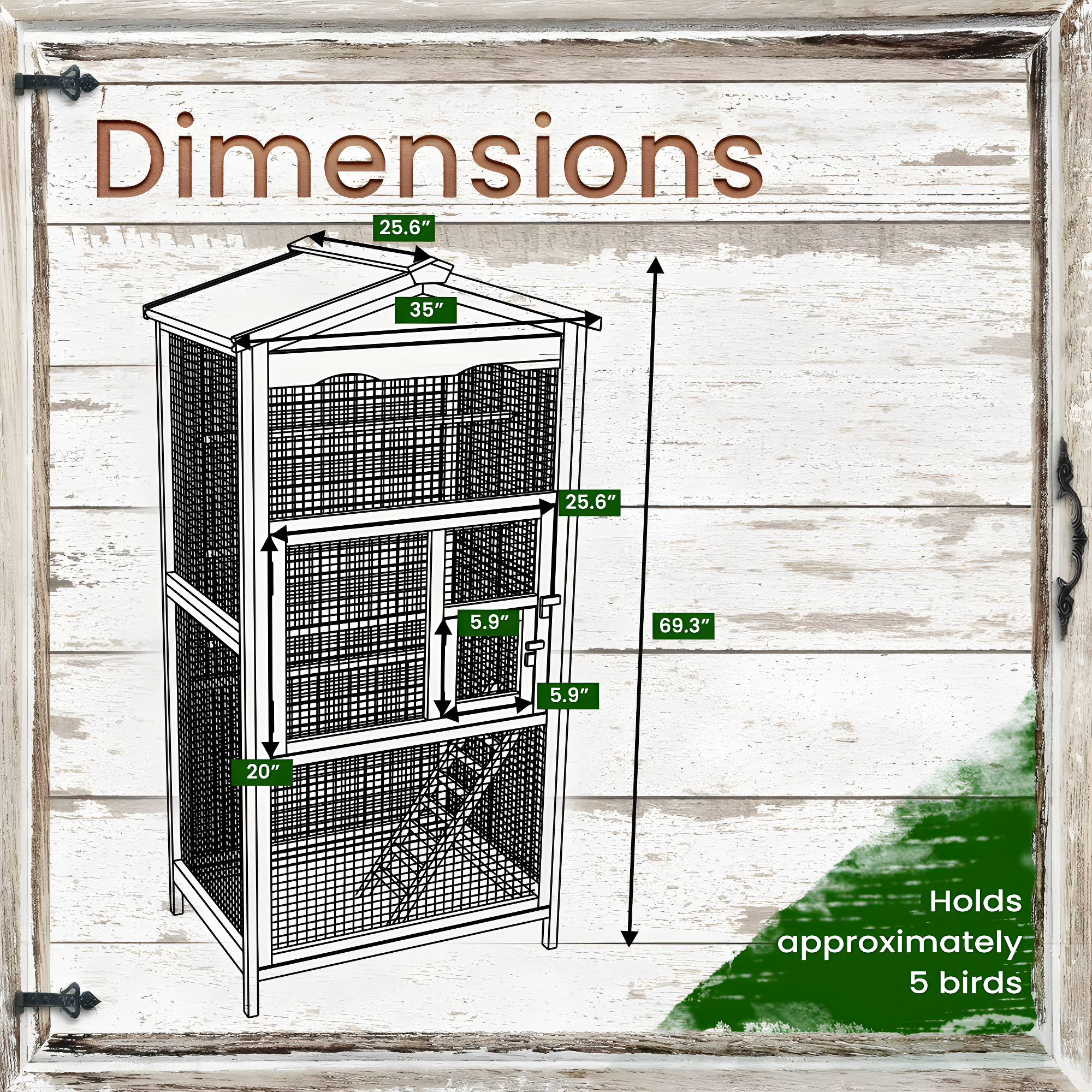 Hanover Outdoor Wooden Bird Cage with 3 Resting Bars, Ladder, Waterproof Roof and Removable Tray, 2.9 Ft. x 2.1 Ft. x 5.8 Ft.