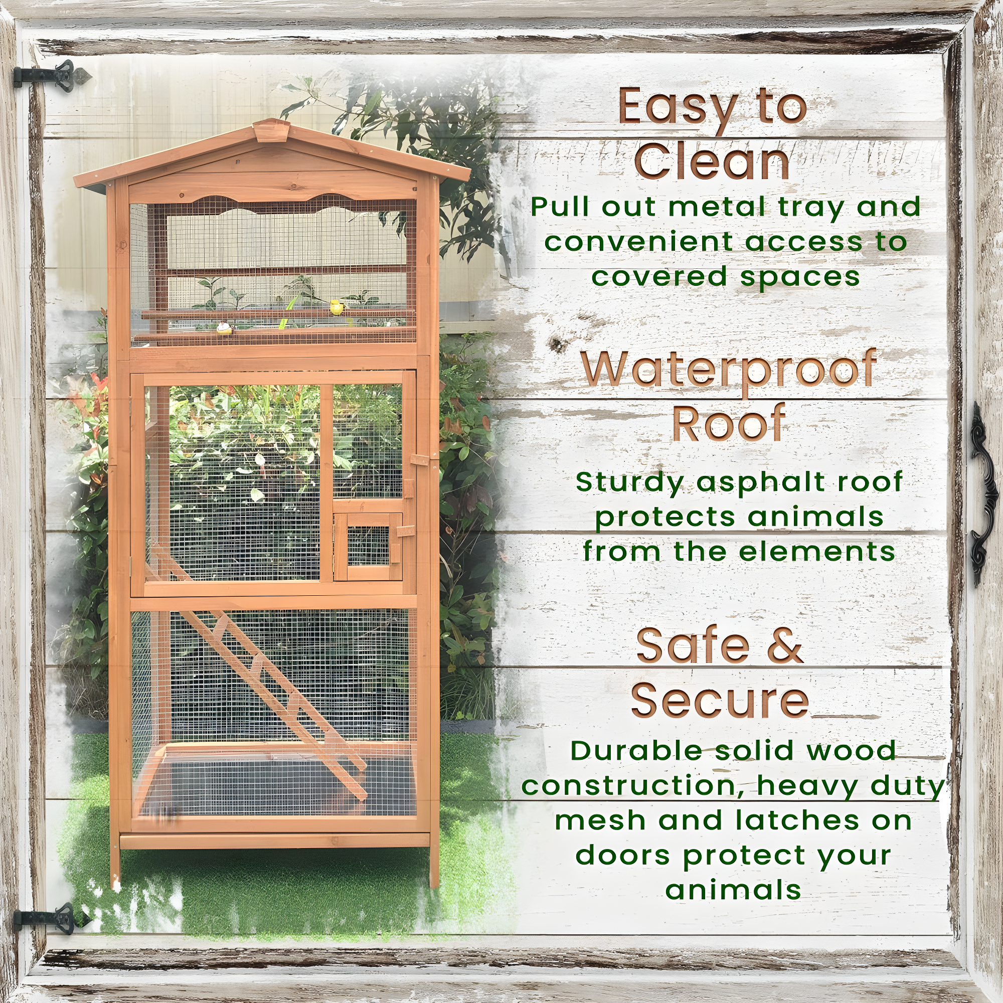 Hanover Outdoor Wooden Bird Cage with 3 Resting Bars, Ladder, Waterproof Roof and Removable Tray, 2.9 Ft. x 2.1 Ft. x 5.8 Ft.