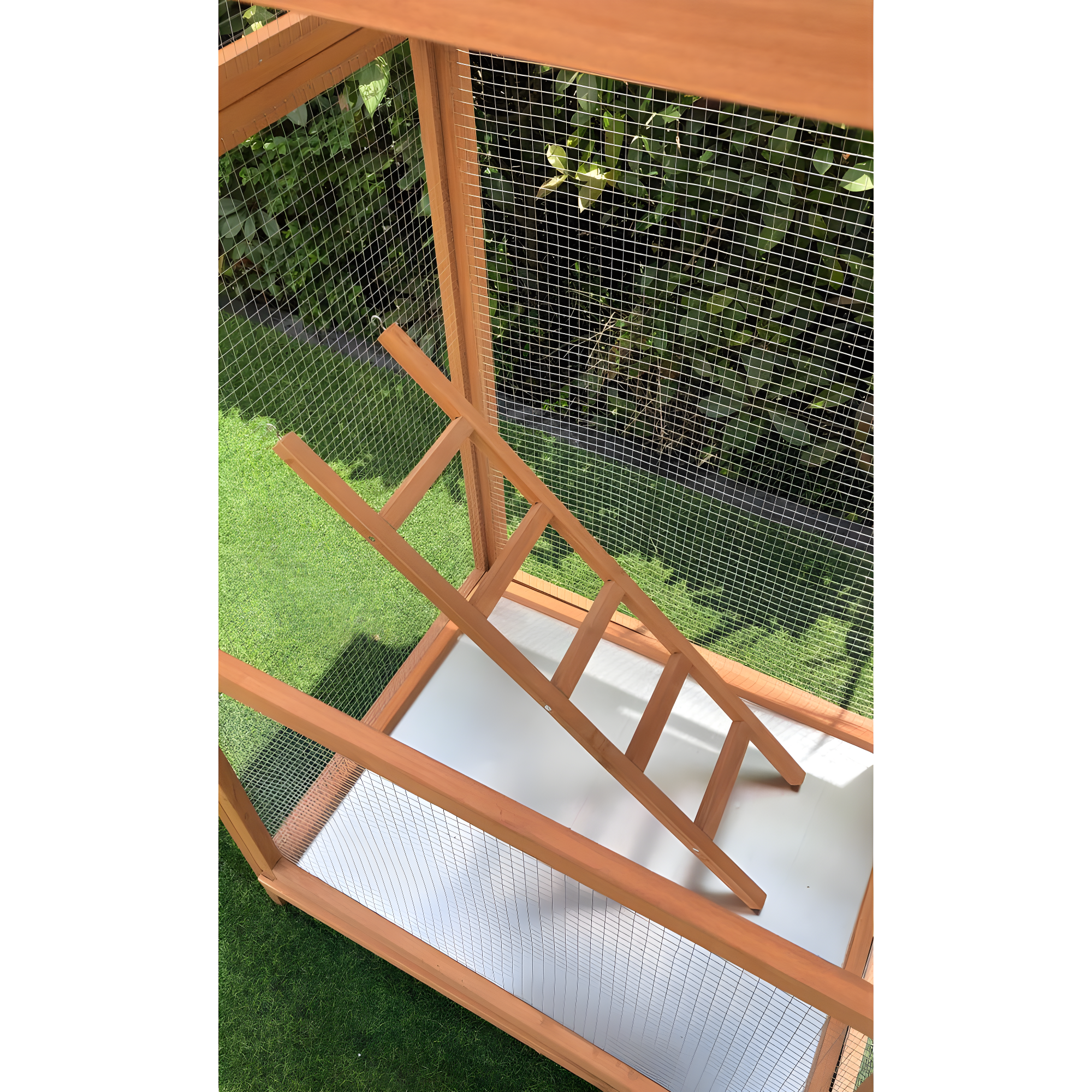 Hanover Outdoor Wooden Bird Cage with 3 Resting Bars, Ladder, Waterproof Roof and Removable Tray, 2.9 Ft. x 2.1 Ft. x 5.8 Ft.
