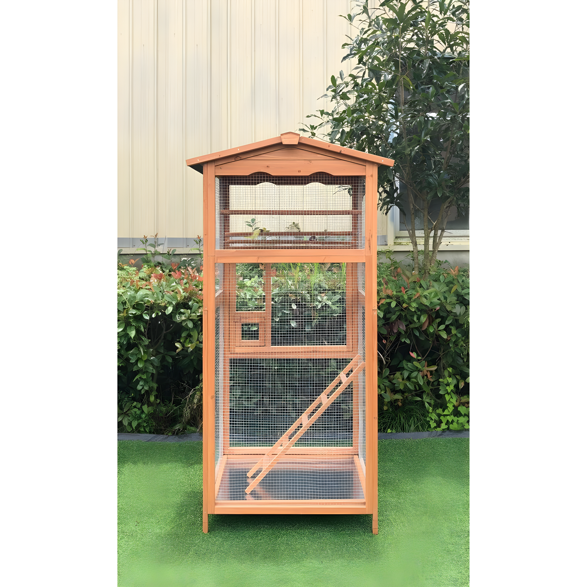 Hanover Outdoor Wooden Bird Cage with 3 Resting Bars, Ladder, Waterproof Roof and Removable Tray, 2.9 Ft. x 2.1 Ft. x 5.8 Ft.