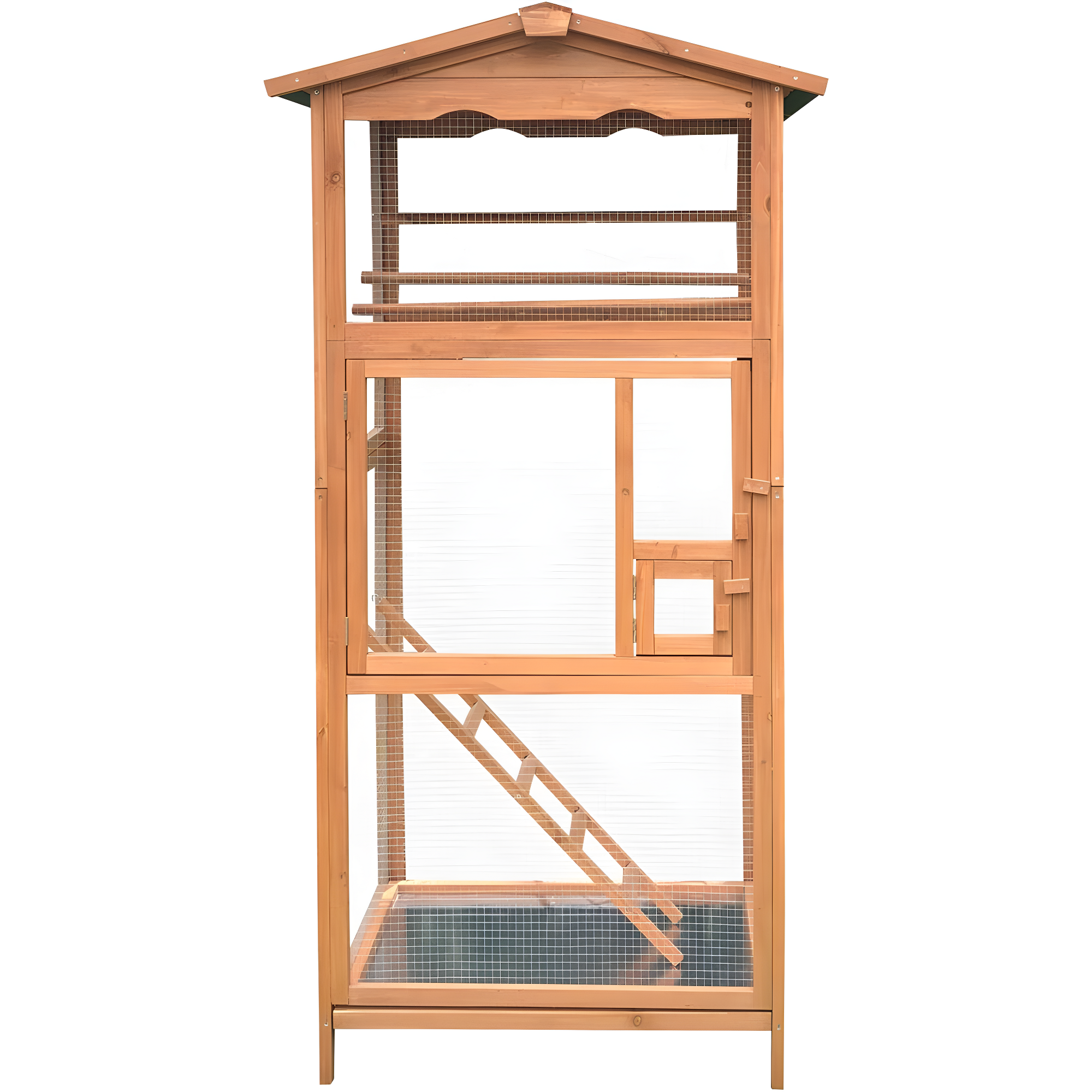 Hanover Outdoor Wooden Bird Cage with 3 Resting Bars, Ladder, Waterproof Roof and Removable Tray, 2.9 Ft. x 2.1 Ft. x 5.8 Ft.