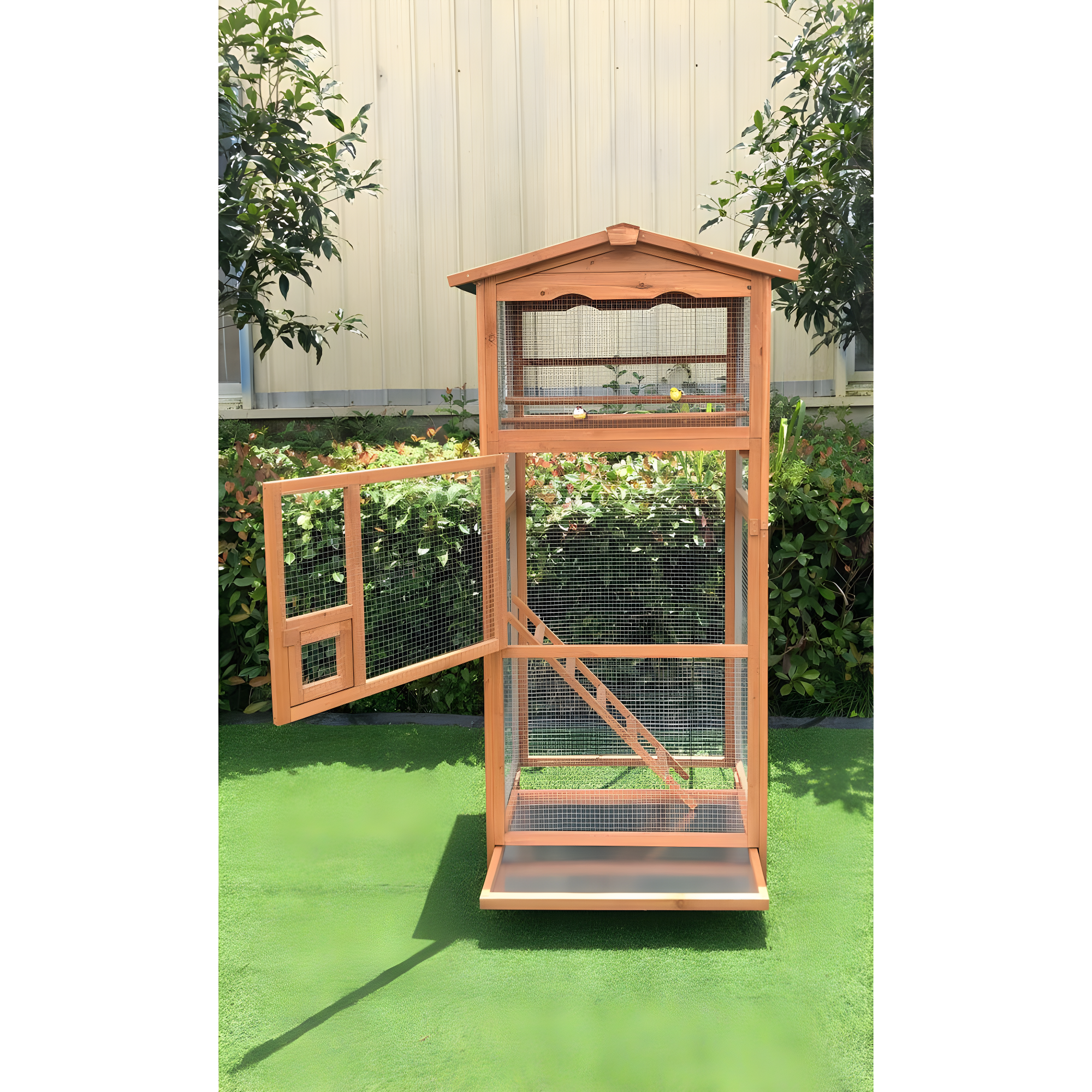 Hanover Outdoor Wooden Bird Cage with 3 Resting Bars, Ladder, Waterproof Roof and Removable Tray, 2.9 Ft. x 2.1 Ft. x 5.8 Ft.