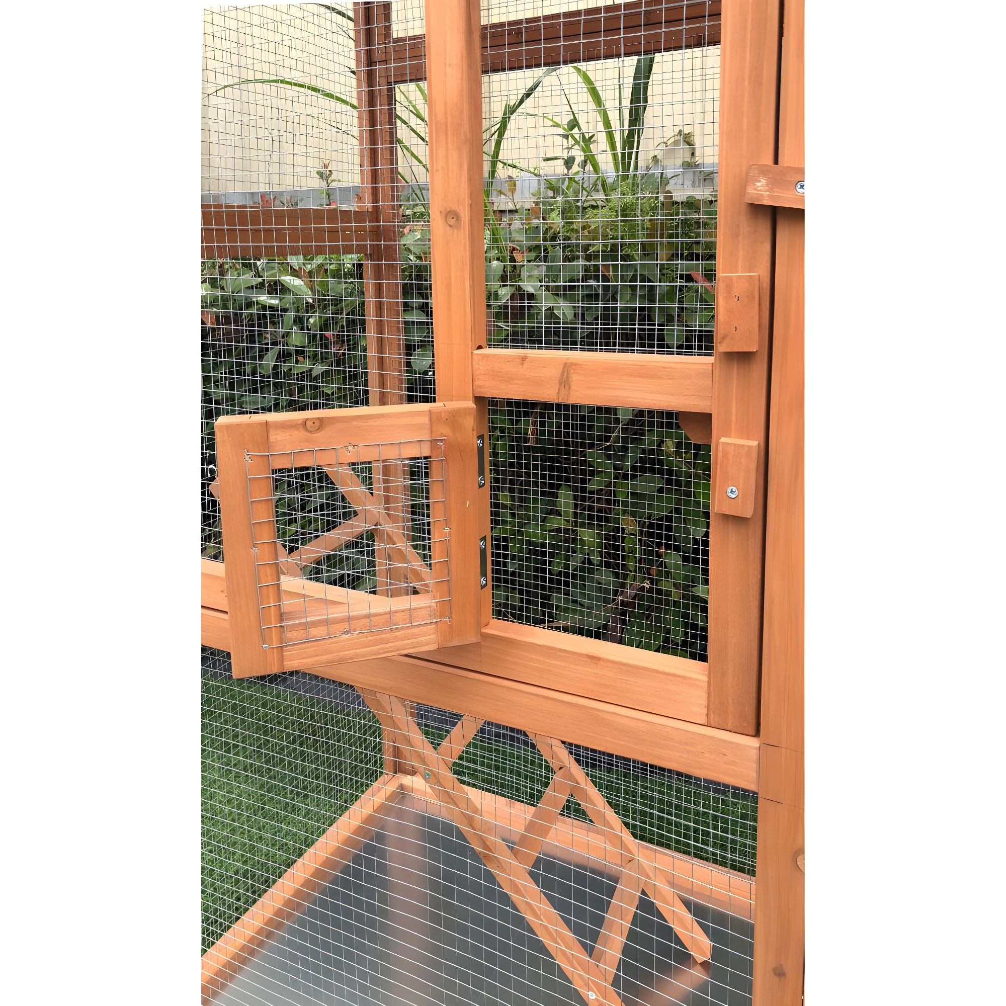 Hanover Outdoor Wooden Bird Cage with 3 Resting Bars, Ladder, Waterproof Roof and Removable Tray, 2.9 Ft. x 2.1 Ft. x 5.8 Ft.