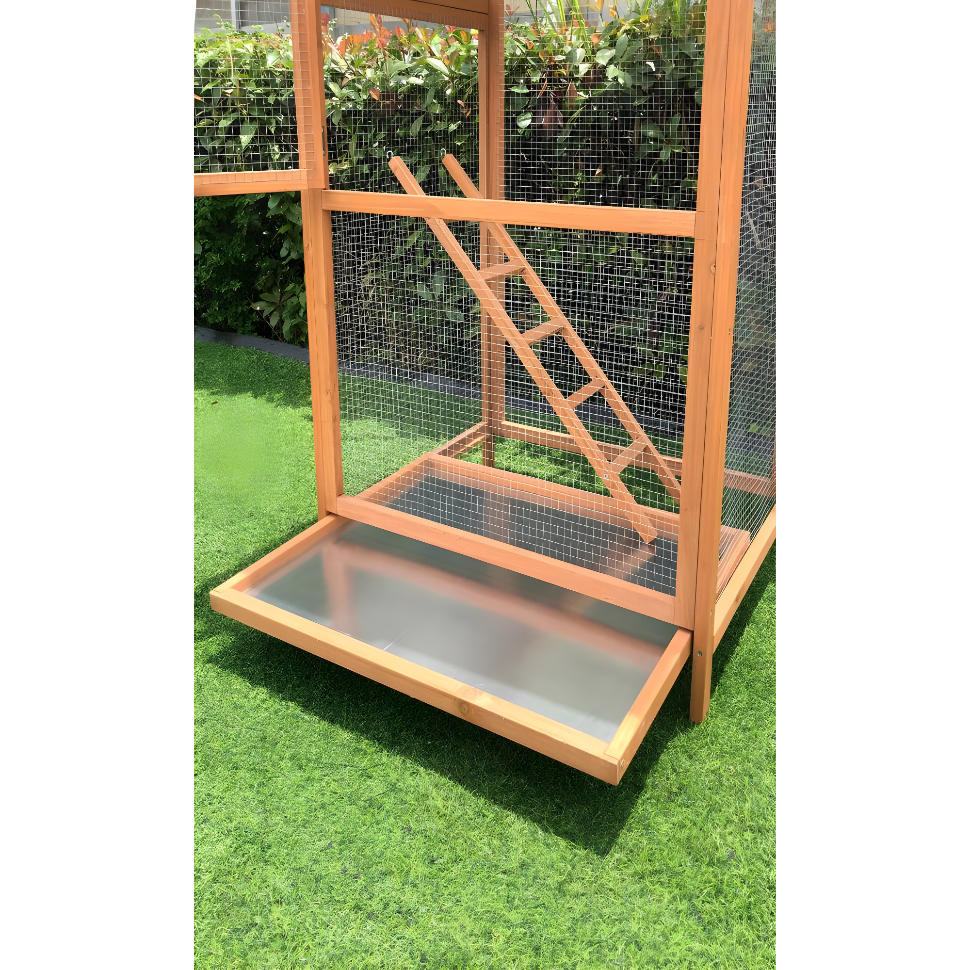 Hanover Outdoor Wooden Bird Cage with 3 Resting Bars, Ladder, Waterproof Roof and Removable Tray, 2.9 Ft. x 2.1 Ft. x 5.8 Ft.