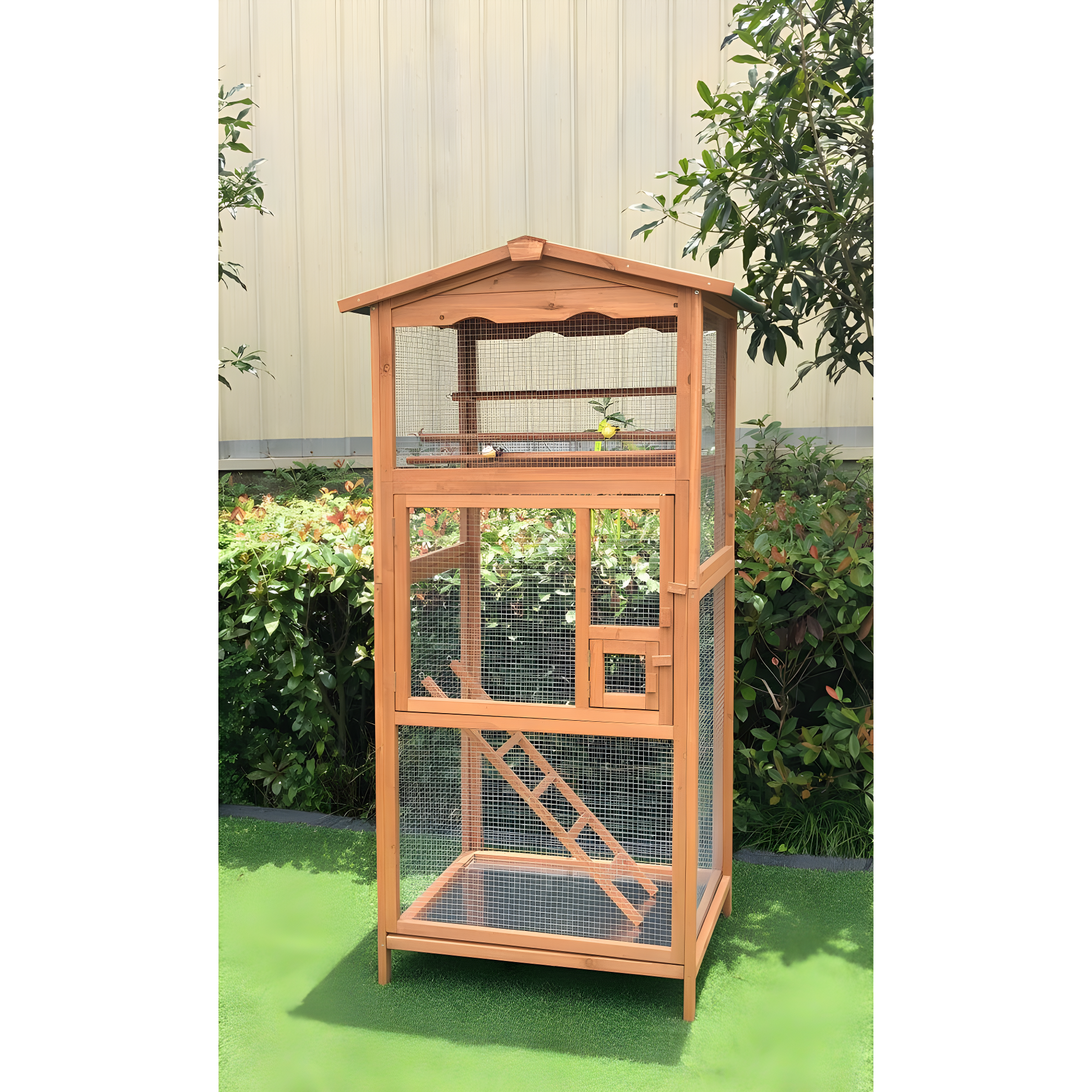 Hanover Outdoor Wooden Bird Cage with 3 Resting Bars, Ladder, Waterproof Roof and Removable Tray, 2.9 Ft. x 2.1 Ft. x 5.8 Ft.