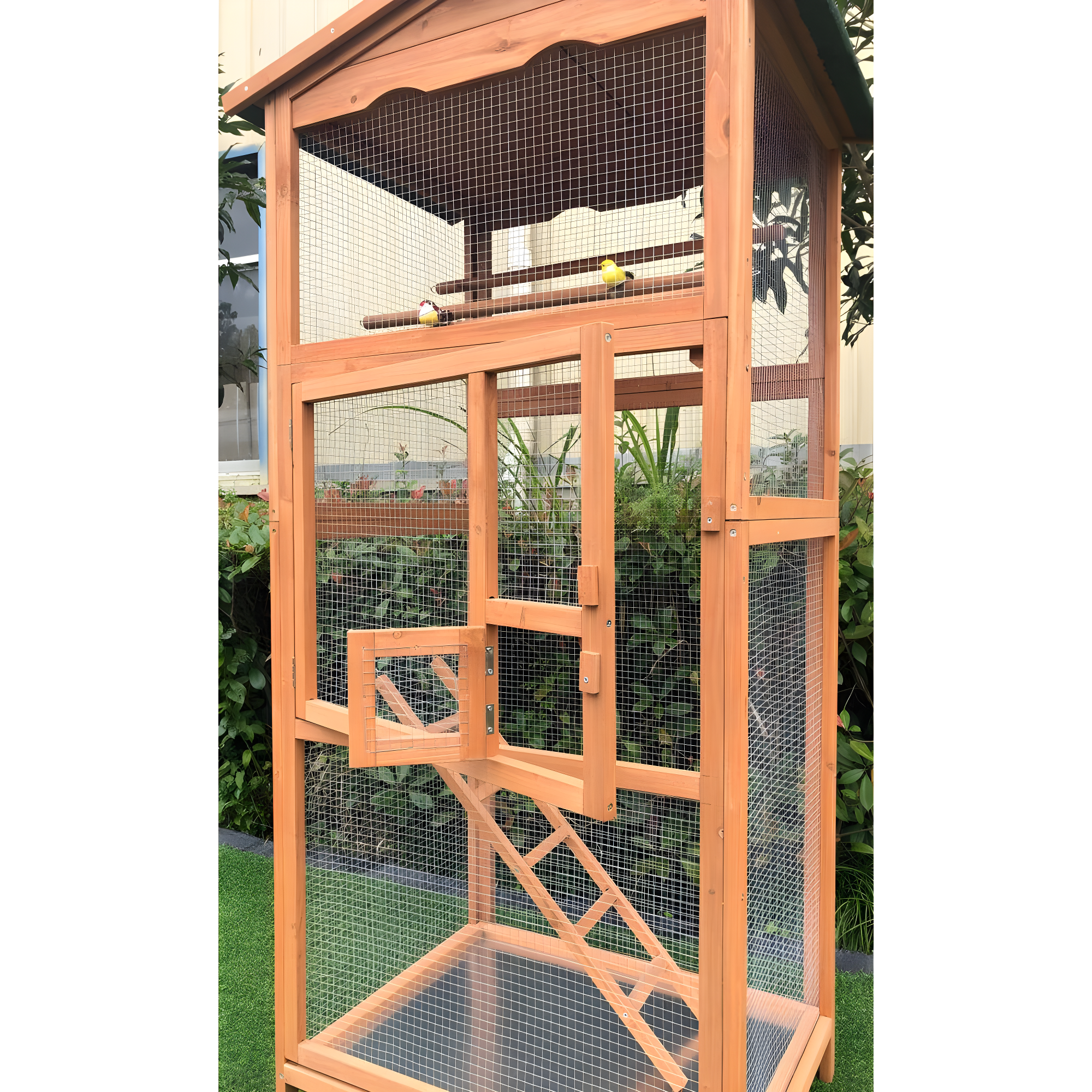 Hanover Outdoor Wooden Bird Cage with 3 Resting Bars, Ladder, Waterproof Roof and Removable Tray, 2.9 Ft. x 2.1 Ft. x 5.8 Ft.