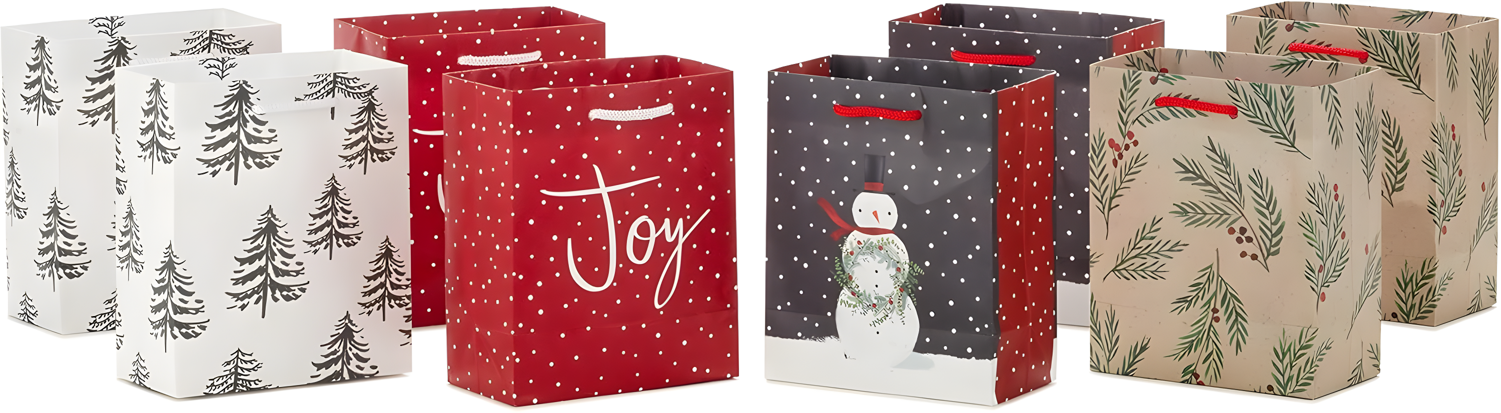 Hallmark 6" Small Holiday Gift Bags (8 Bags: Winter Foliage, Rustic Snowman, "Joy" on Red, Black and White Trees)