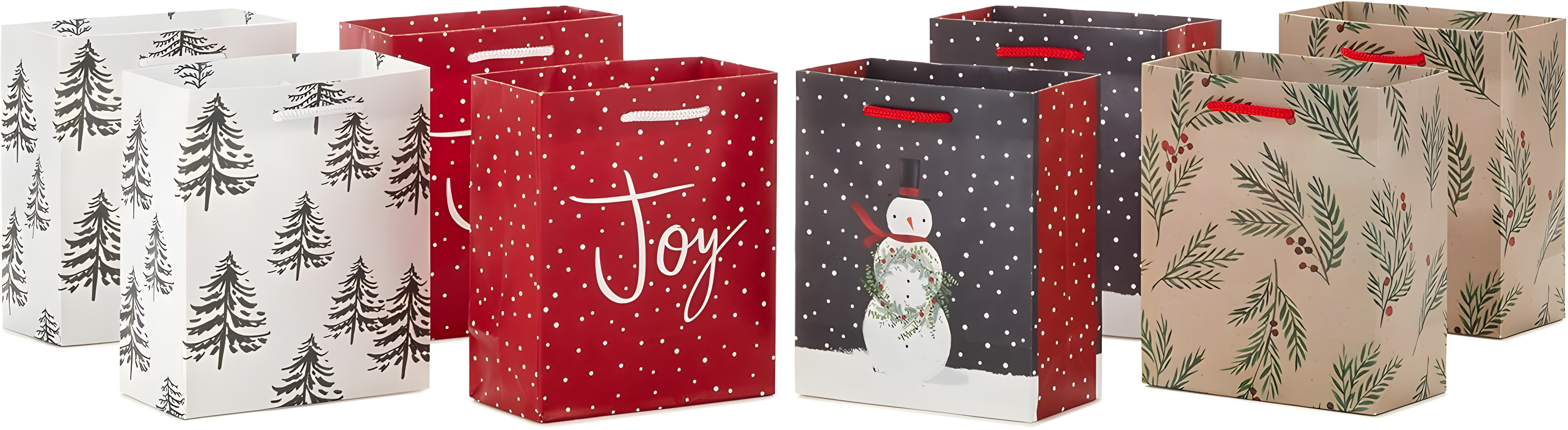 Hallmark 6" Small Holiday Gift Bags (8 Bags: Winter Foliage, Rustic Snowman, "Joy" on Red, Black and White Trees)