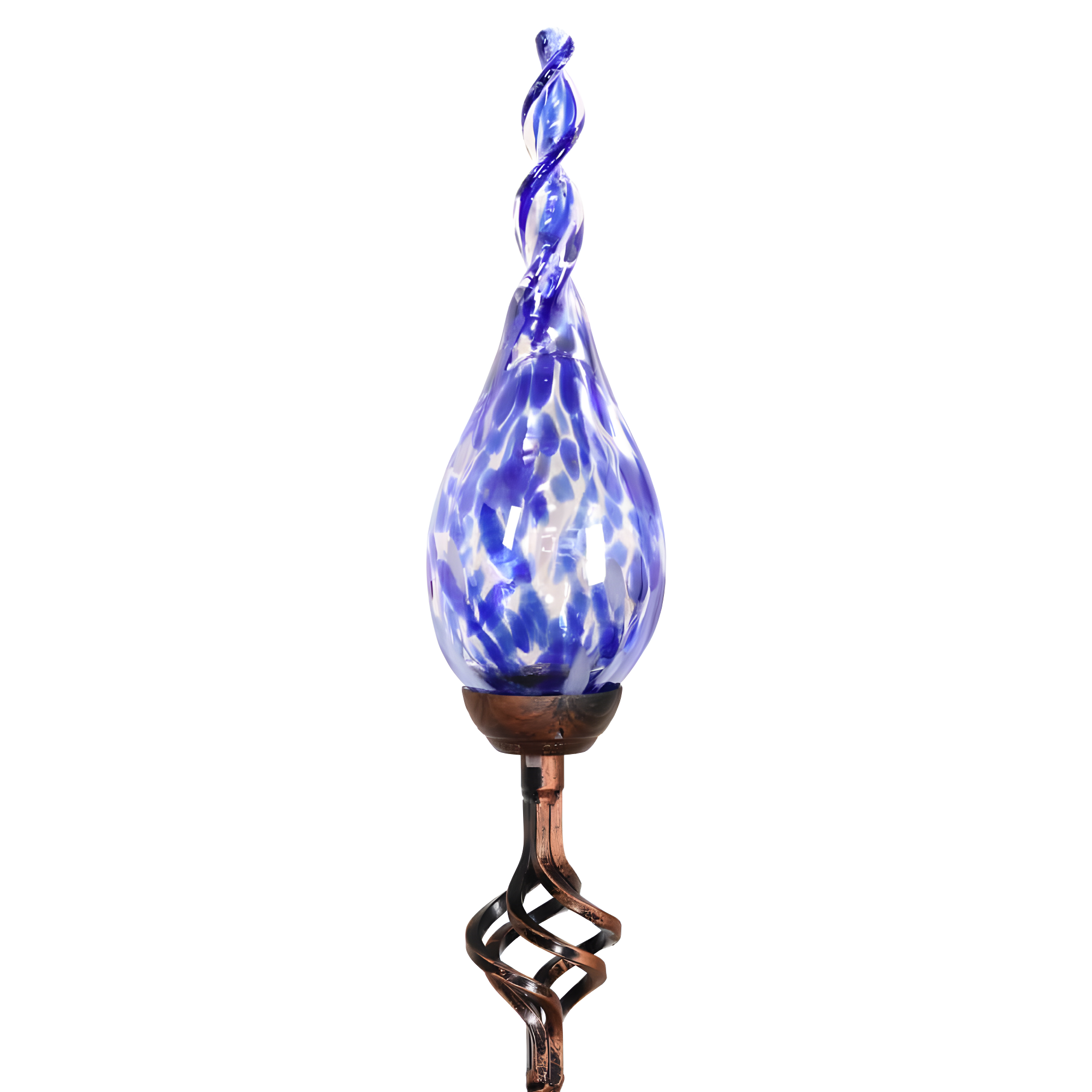 Exhart Solar Pearlized Hand Blown Glass Twisted Flame Garden Stake with Metal Finial Detail, 36 Inch