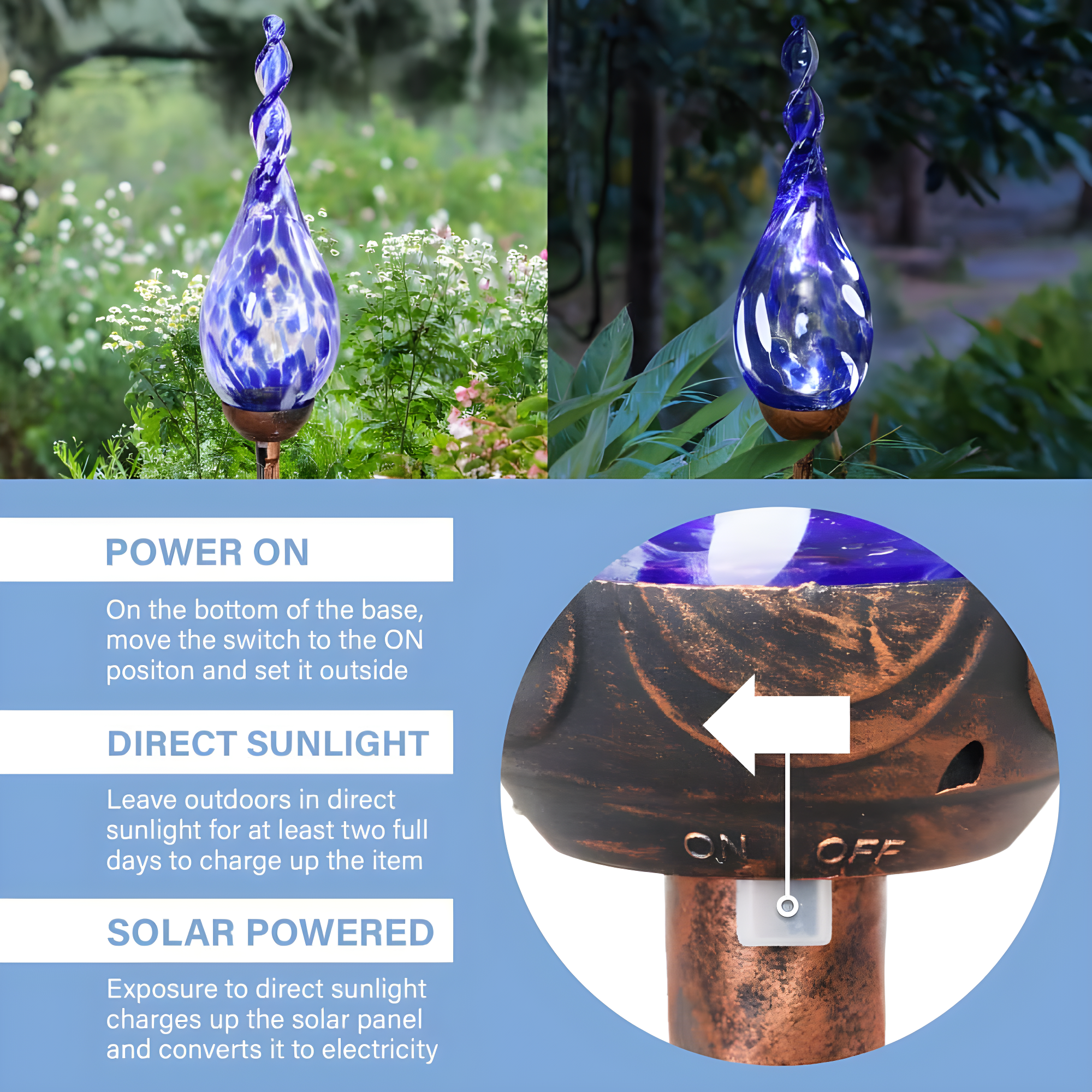 Exhart Solar Pearlized Hand Blown Glass Twisted Flame Garden Stake with Metal Finial Detail, 36 Inch