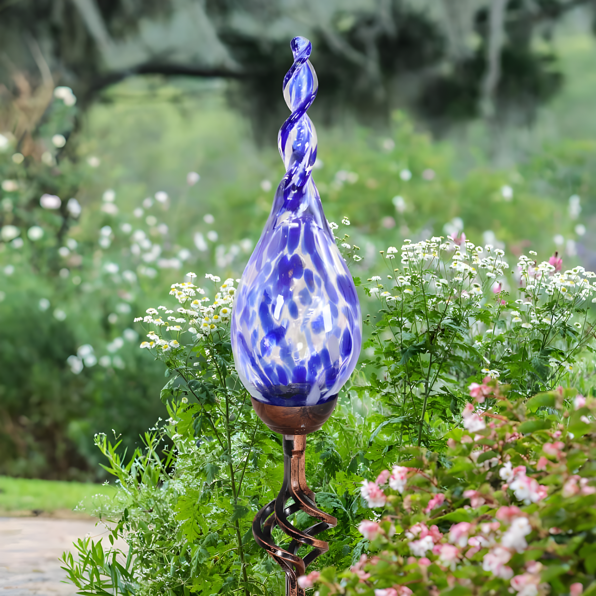 Exhart Solar Pearlized Hand Blown Glass Twisted Flame Garden Stake with Metal Finial Detail, 36 Inch