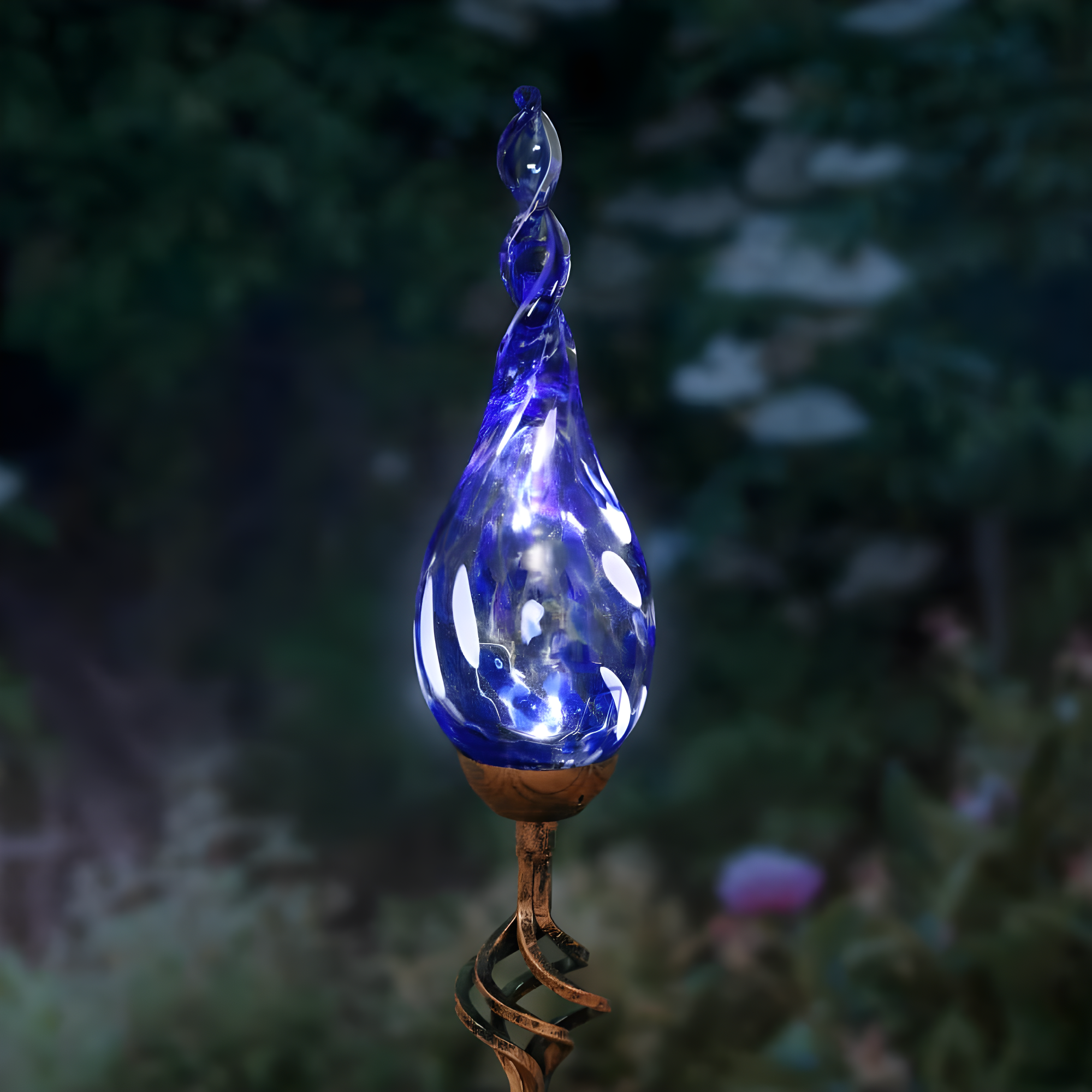 Exhart Solar Pearlized Hand Blown Glass Twisted Flame Garden Stake with Metal Finial Detail, 36 Inch