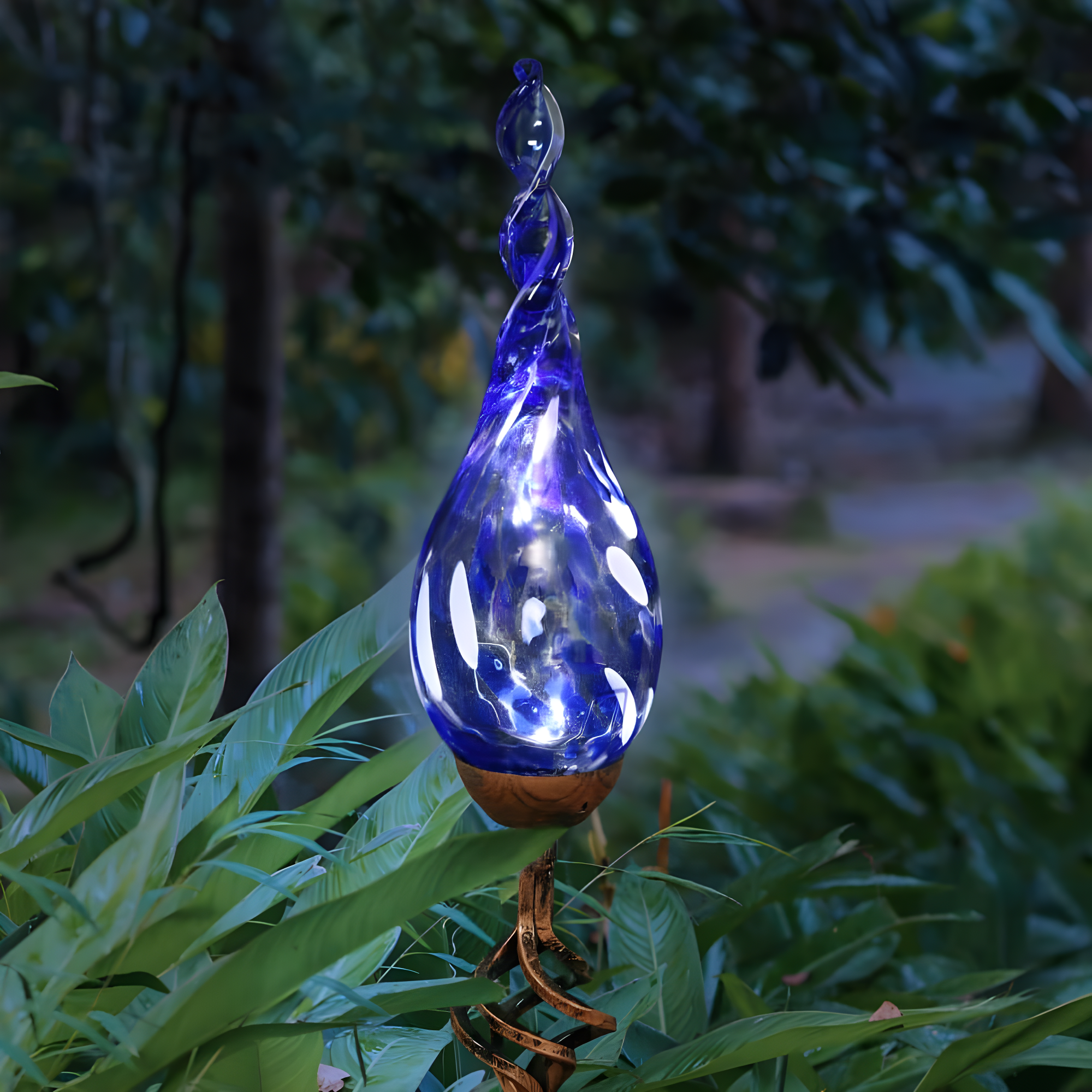 Exhart Solar Pearlized Hand Blown Glass Twisted Flame Garden Stake with Metal Finial Detail, 36 Inch