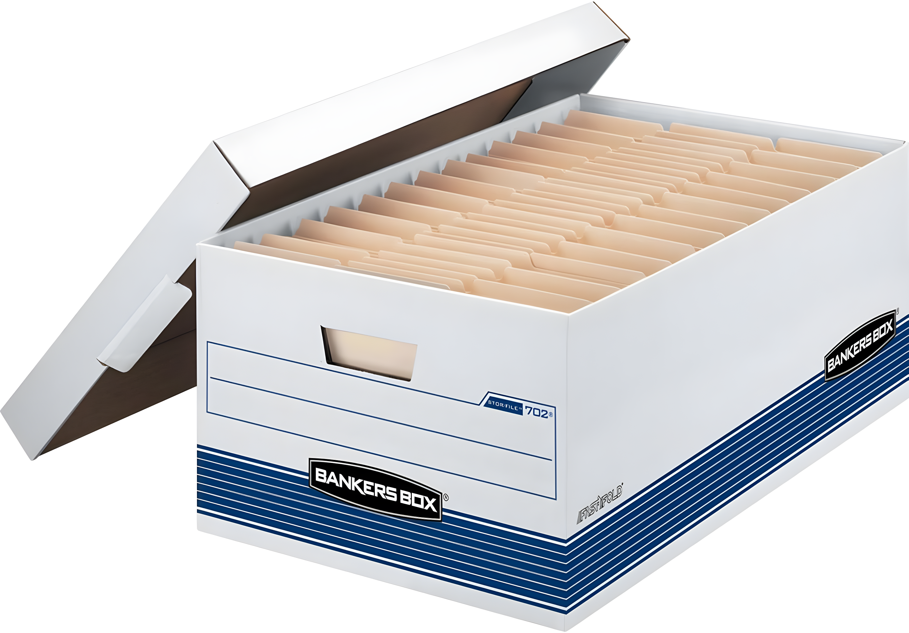 Bankers Box® FastFold Stor/File Lid Box, Legal, 15 x 24 x 10, White/Blue, 4/Ctn