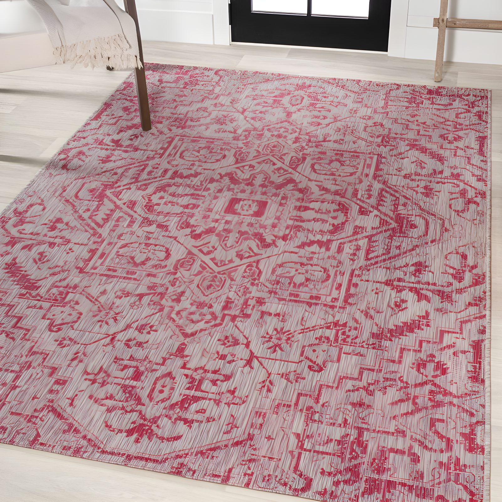 4' x 6' Estrella Bohemian Medallion Textured Weave Indoor/Outdoor Area Rug, Light Gray/Fuchsia - JONATHAN Y