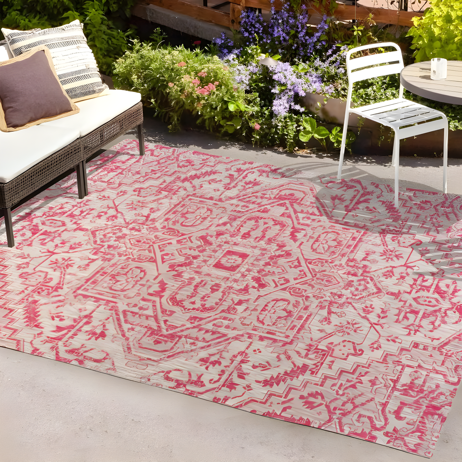 4' x 6' Estrella Bohemian Medallion Textured Weave Indoor/Outdoor Area Rug, Light Gray/Fuchsia - JONATHAN Y