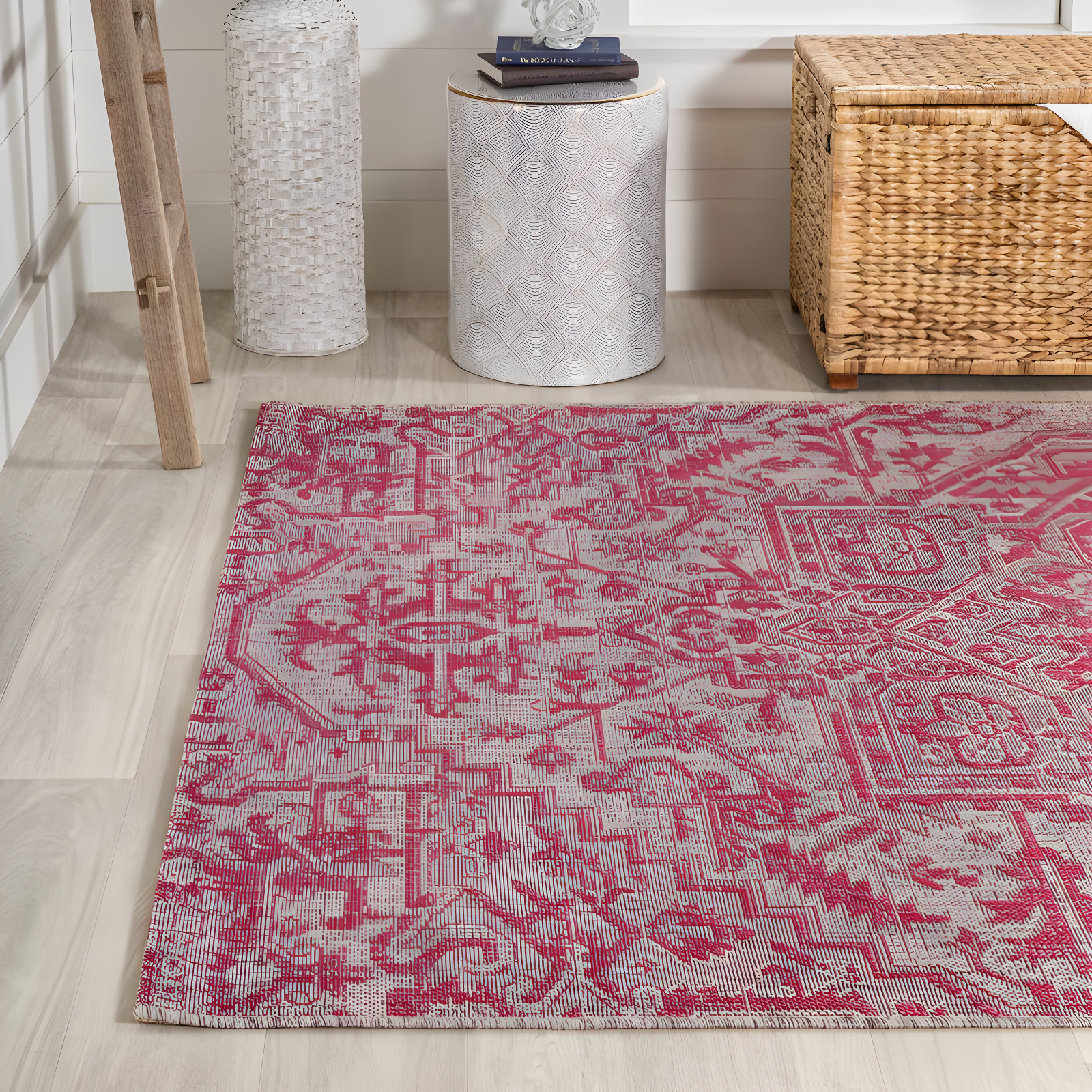 4' x 6' Estrella Bohemian Medallion Textured Weave Indoor/Outdoor Area Rug, Light Gray/Fuchsia - JONATHAN Y