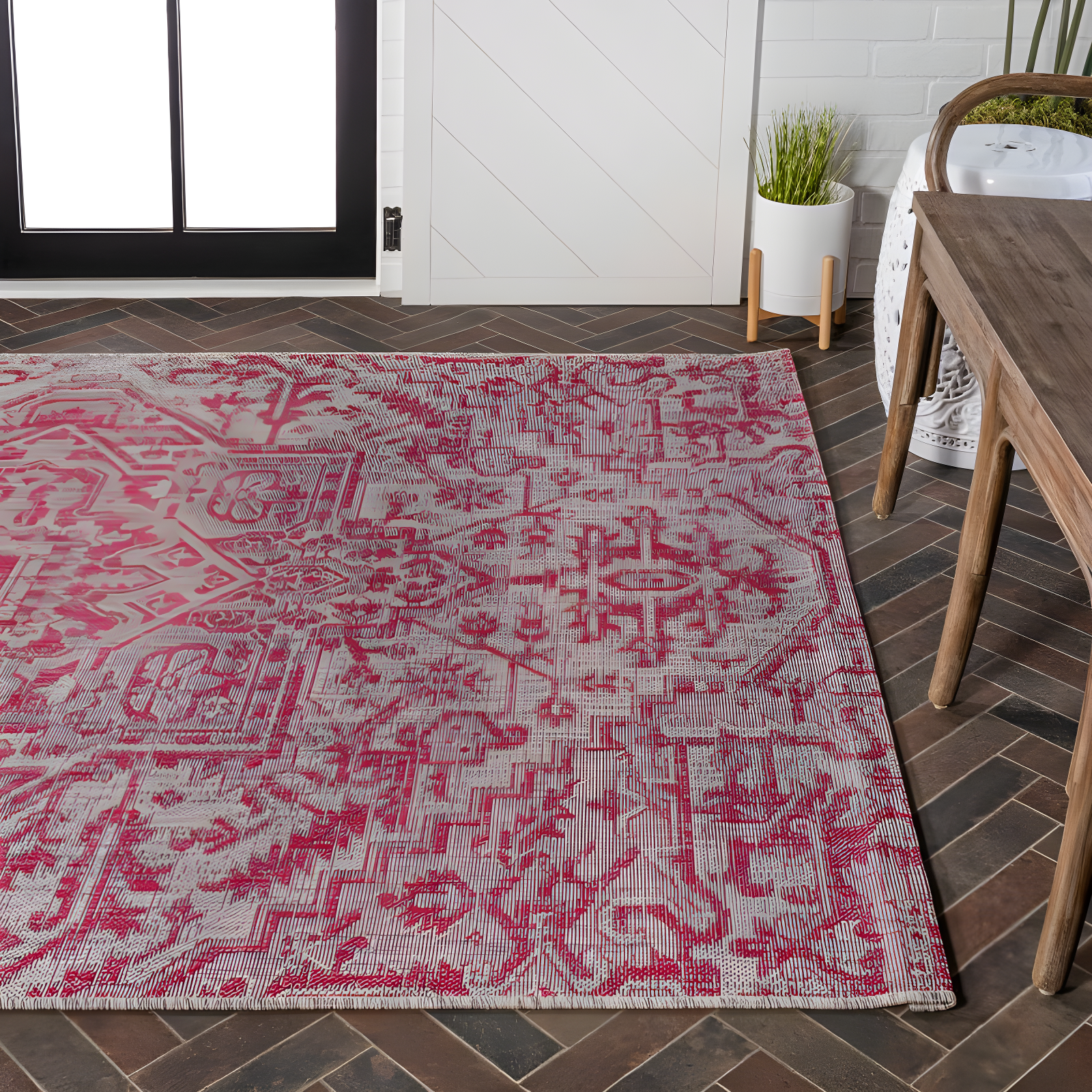 4' x 6' Estrella Bohemian Medallion Textured Weave Indoor/Outdoor Area Rug, Light Gray/Fuchsia - JONATHAN Y