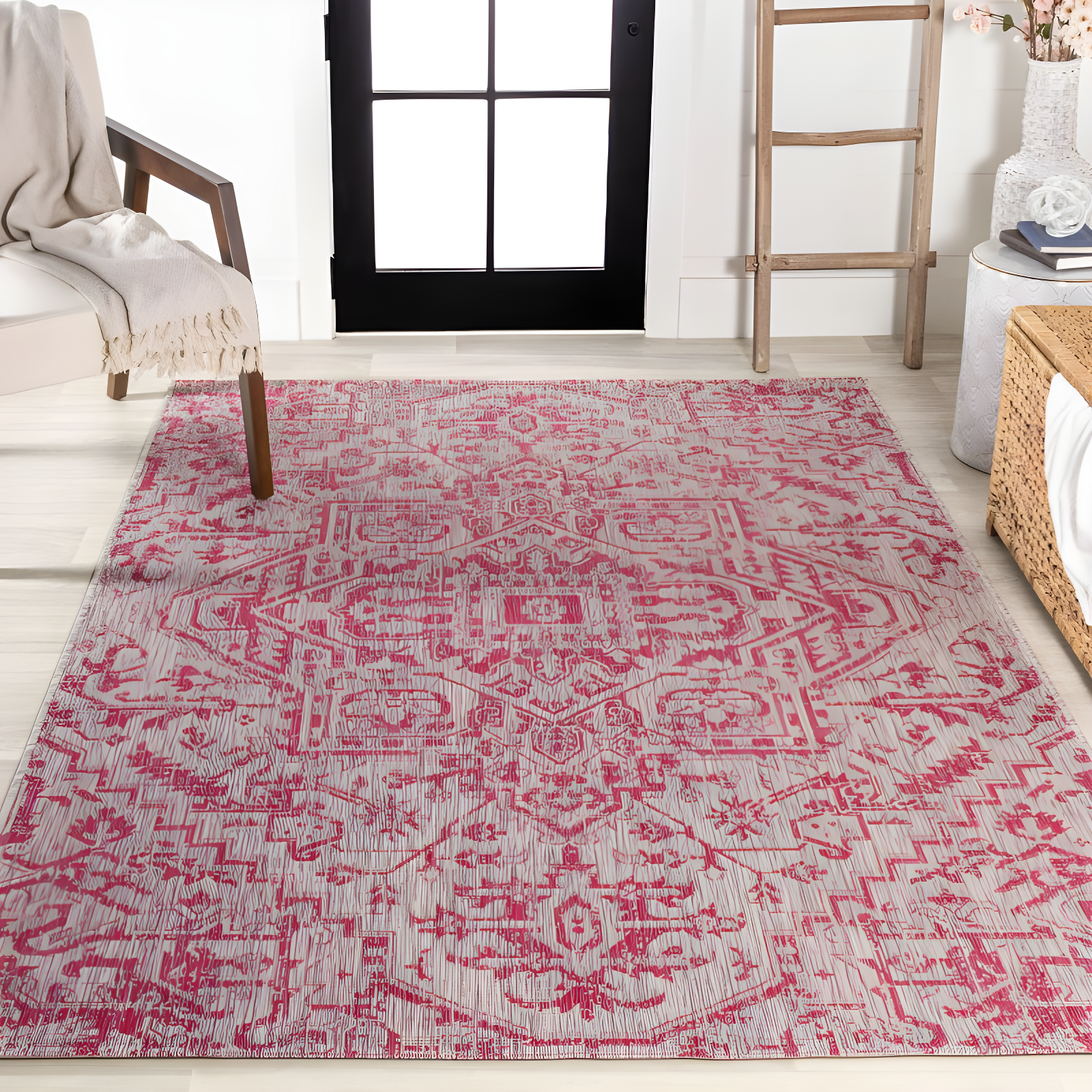 4' x 6' Estrella Bohemian Medallion Textured Weave Indoor/Outdoor Area Rug, Light Gray/Fuchsia - JONATHAN Y