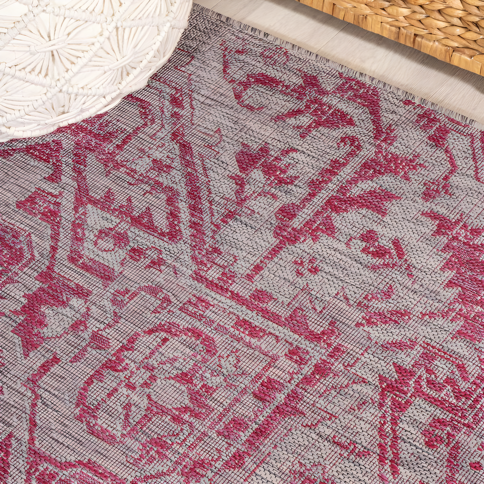 4' x 6' Estrella Bohemian Medallion Textured Weave Indoor/Outdoor Area Rug, Light Gray/Fuchsia - JONATHAN Y