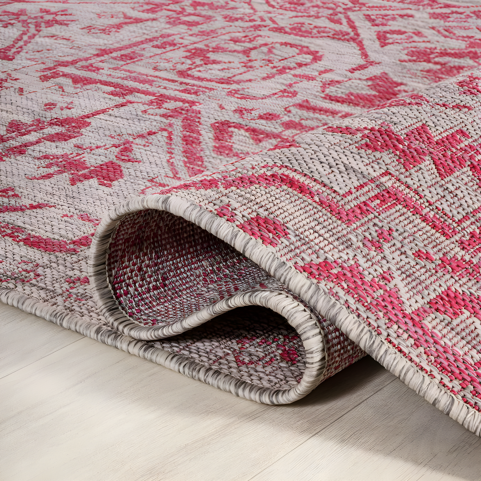 4' x 6' Estrella Bohemian Medallion Textured Weave Indoor/Outdoor Area Rug, Light Gray/Fuchsia - JONATHAN Y