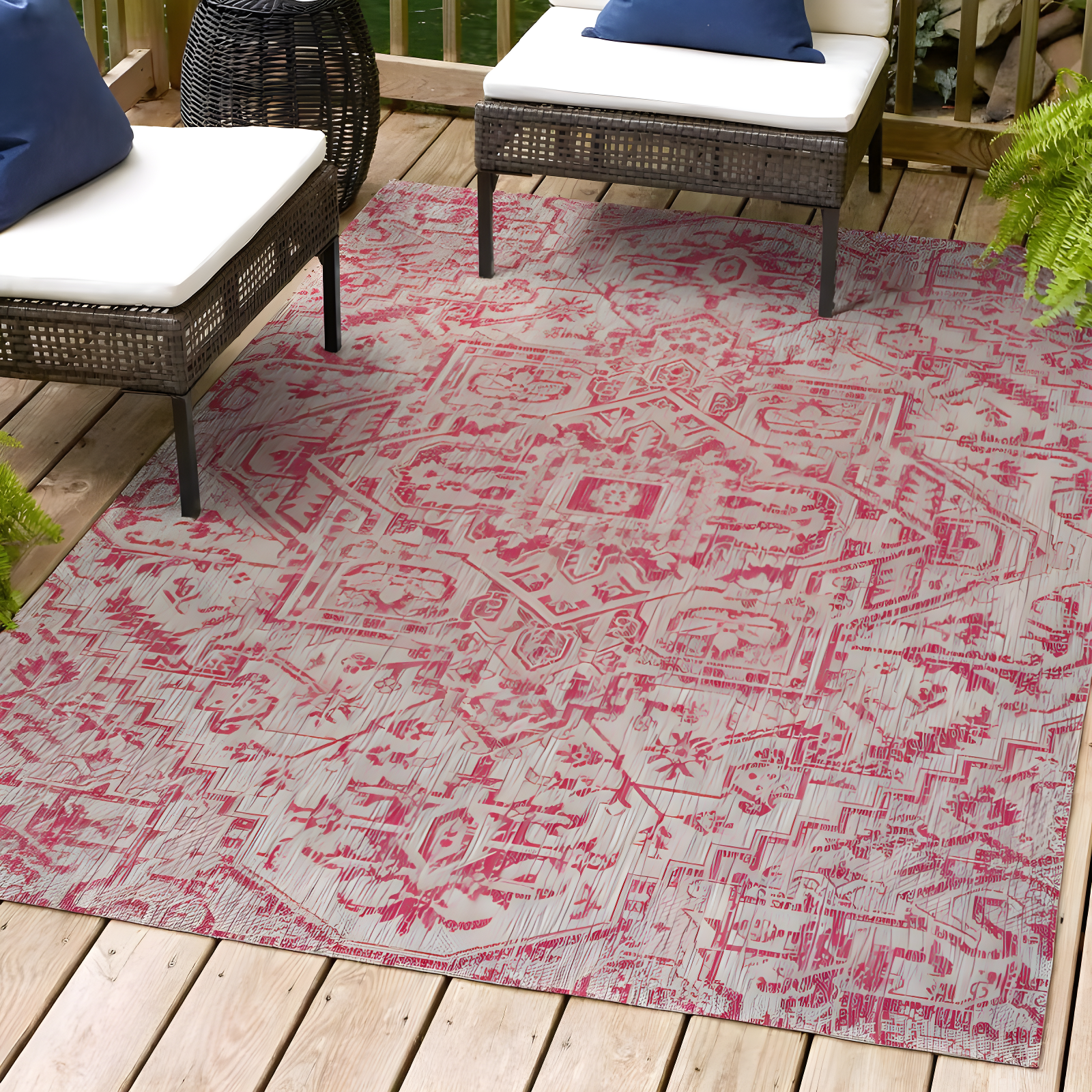 4' x 6' Estrella Bohemian Medallion Textured Weave Indoor/Outdoor Area Rug, Light Gray/Fuchsia - JONATHAN Y