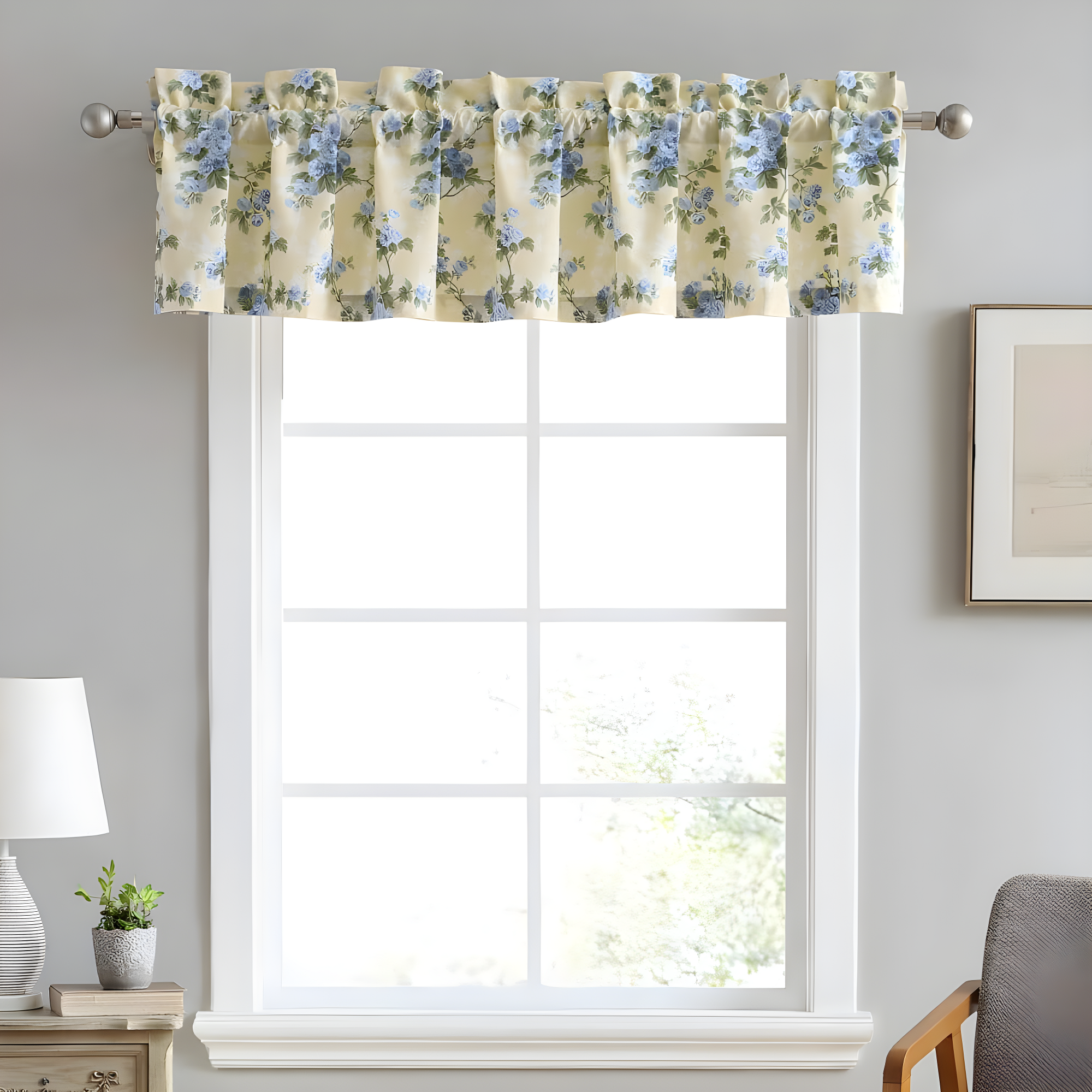 Laura Ashley Cassidy Floral Cotton Ruffled 86" Window Valance in Yellow/Blue