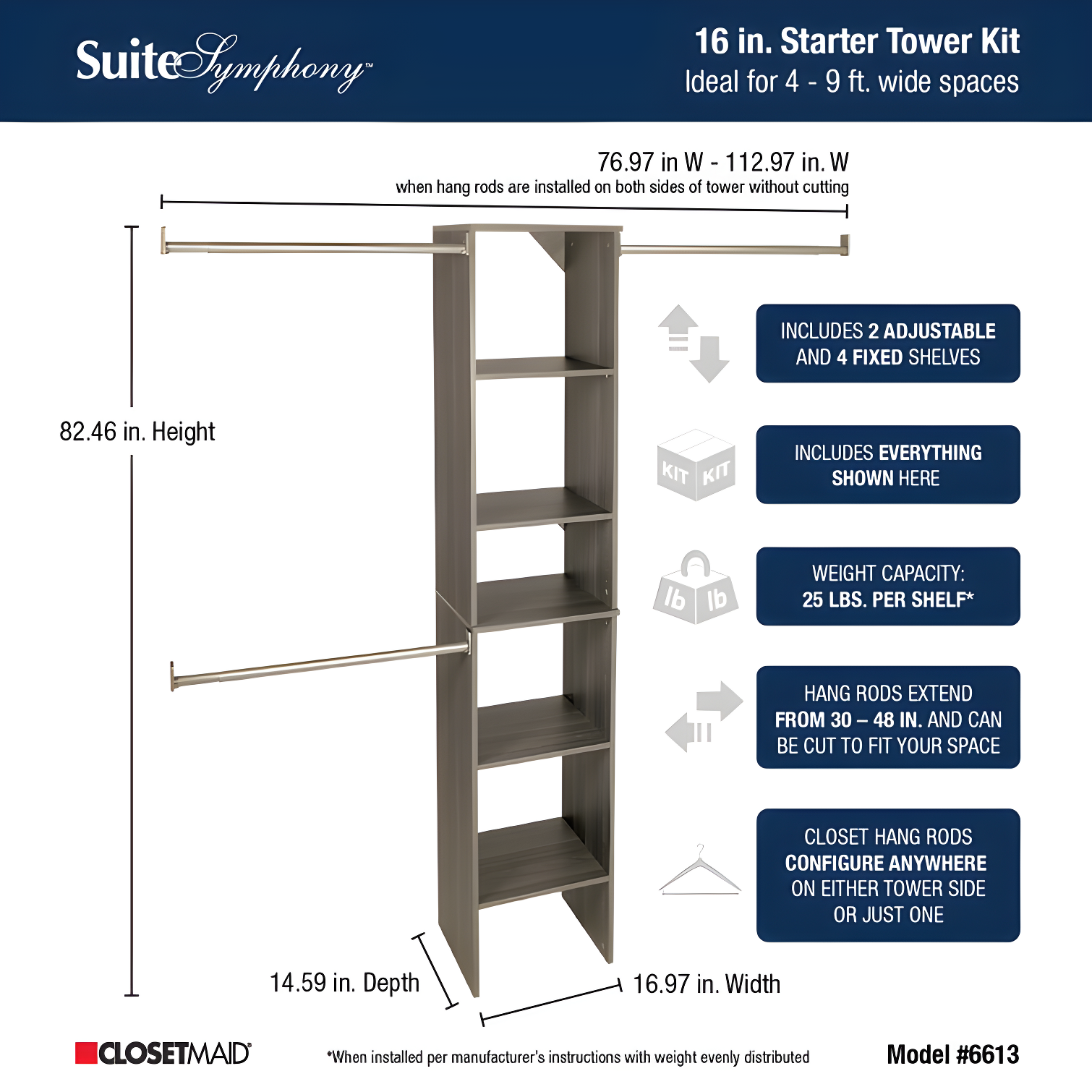 SuiteSymphony 77" to 113" Closet System Starter Kit