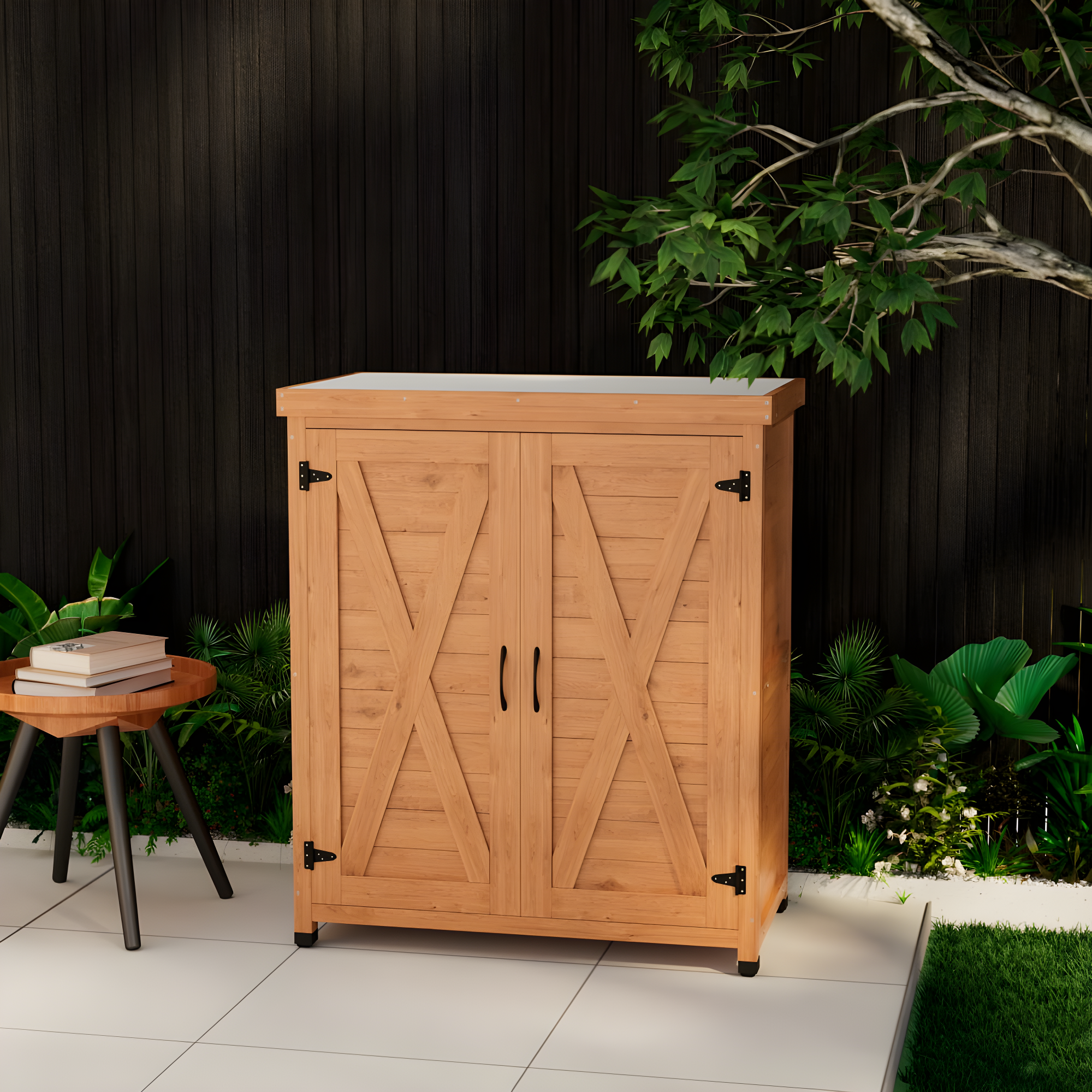 Potting Bench With Storage Cabinet And Metal Table Top For Outdoor Patio,Outdoor Work Station Table