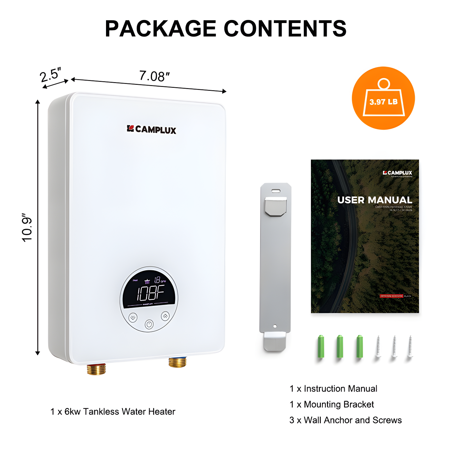 CAMPLUX 1.8 GPM Tankless Electric Water Heater, 6kW 240V, TE06Pro, White