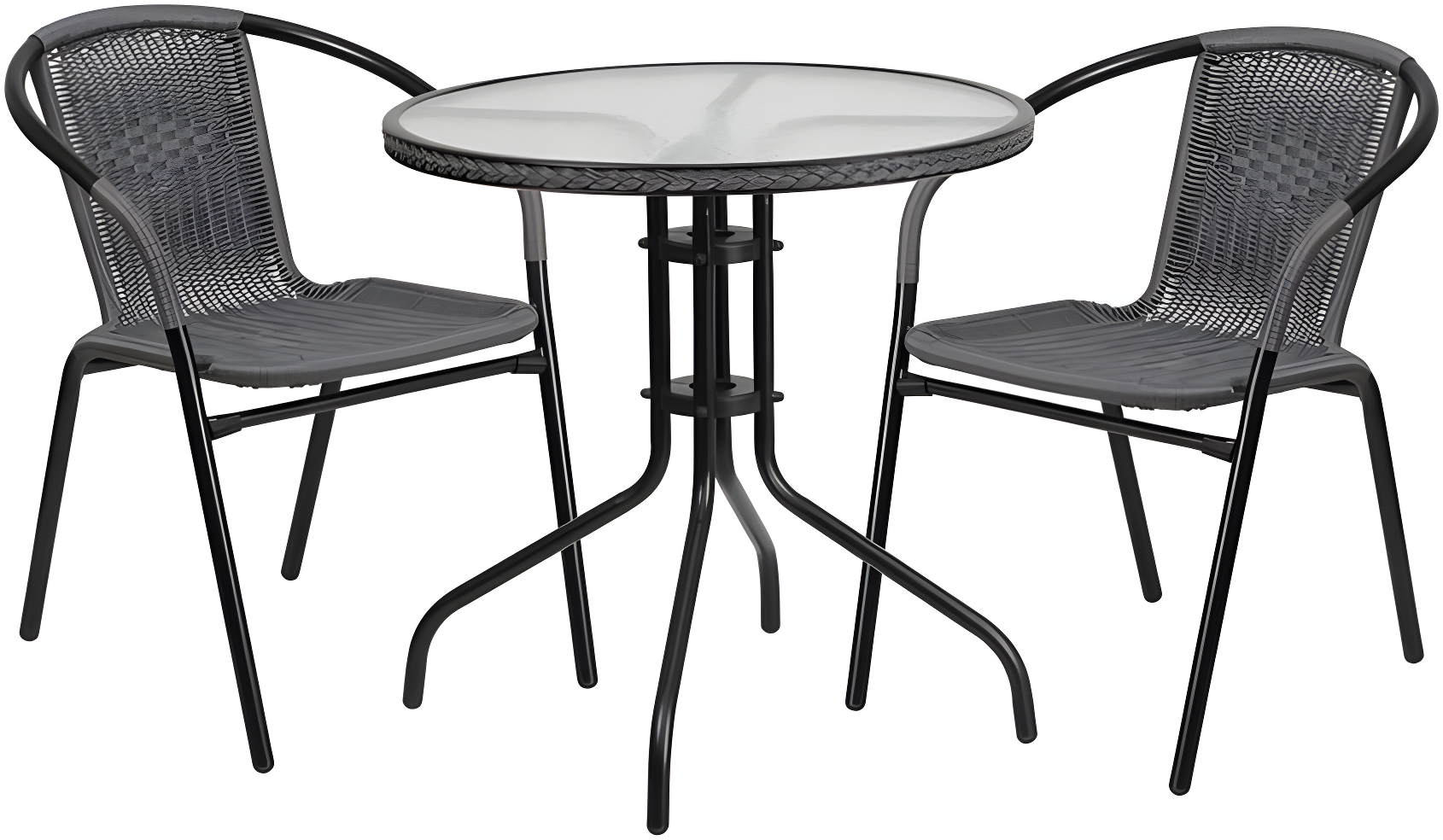 Flash Furniture Lila 28'' Round Glass Metal Table with Gray Rattan Edging and 2 Gray Rattan Stack Chairs