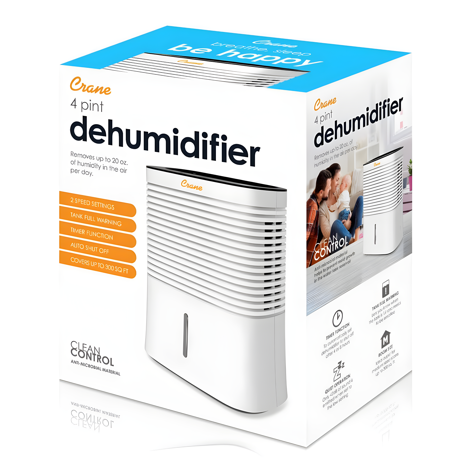 Crane 4 Pint Compact Portable Dehumidifier with 2 Settings for Small to Medium Rooms up to 300 sq. ft.