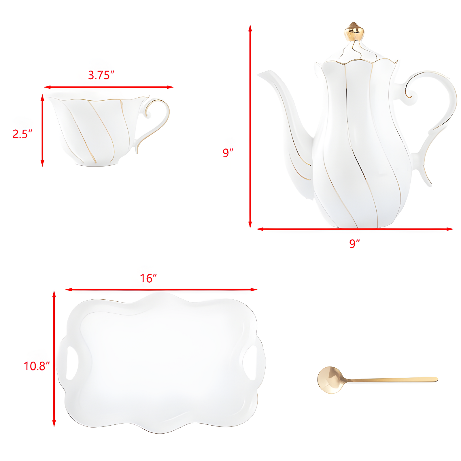 Red Barrel Studio® 14 Pcs Tea Set For 6 With Tea Tray & Spoons, Luxury British Style Tea/Coffee Cup Set With Golden Trim, Beautiful Porcelain Tea Set For Living Room Decor, Tea Party Set, Gift Package - White