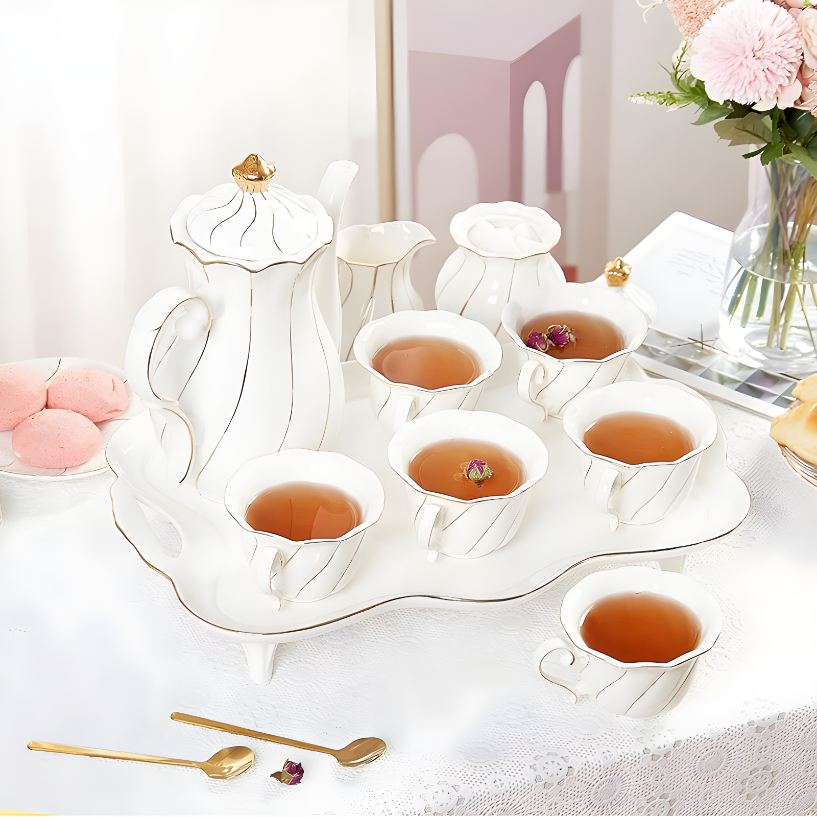 Red Barrel Studio® 14 Pcs Tea Set For 6 With Tea Tray & Spoons, Luxury British Style Tea/Coffee Cup Set With Golden Trim, Beautiful Porcelain Tea Set For Living Room Decor, Tea Party Set, Gift Package - White