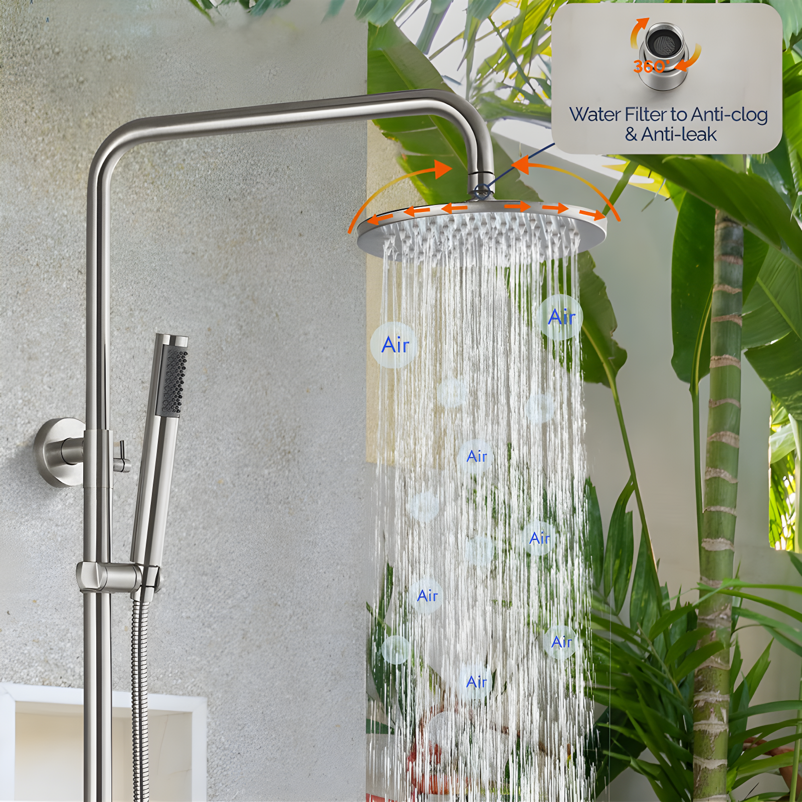 Liria Wall Mount Brushed Stainless Steel Dual Function Outdoor Shower
