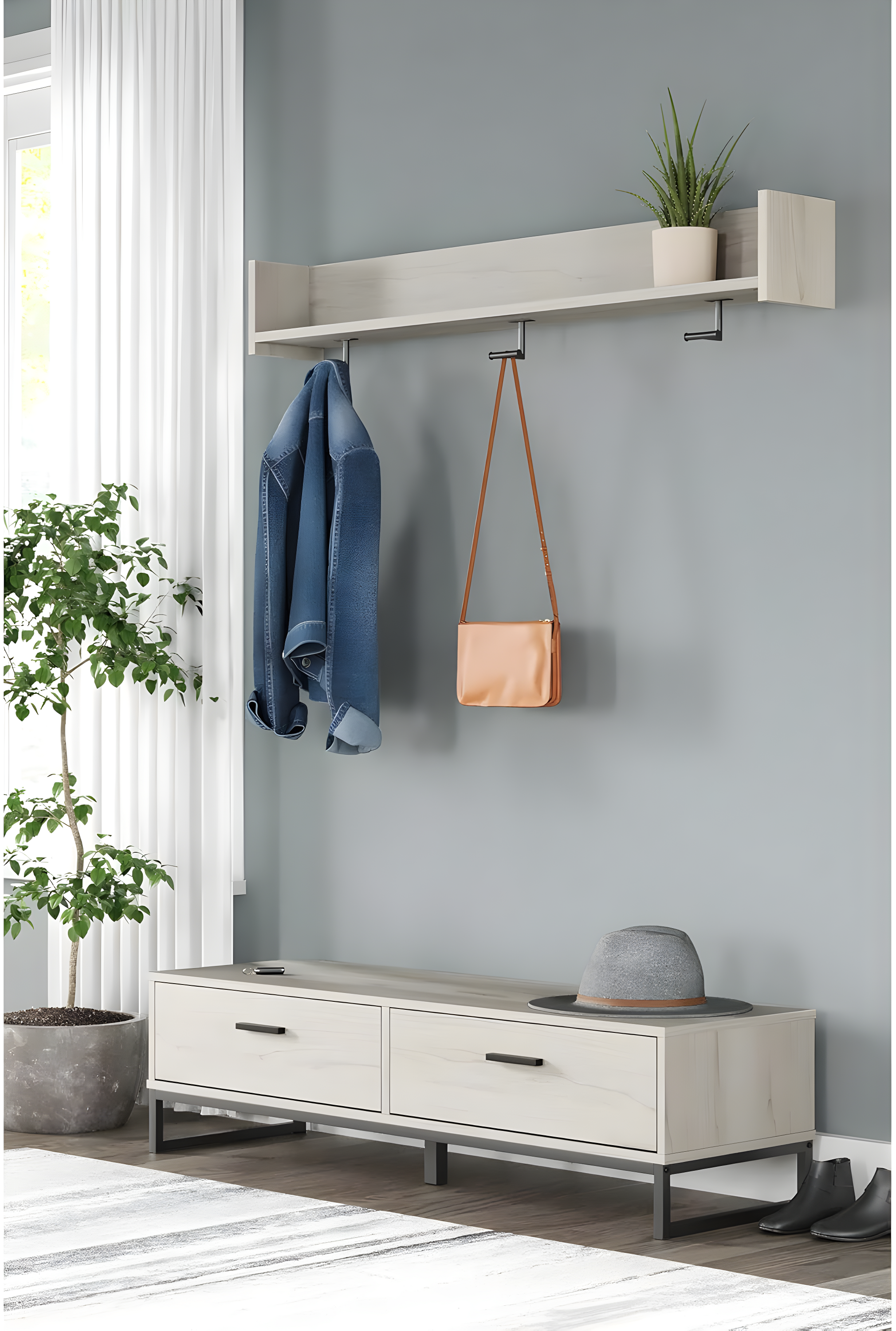 Transitional Black and White Wall Mounted Coat Rack with Shelf