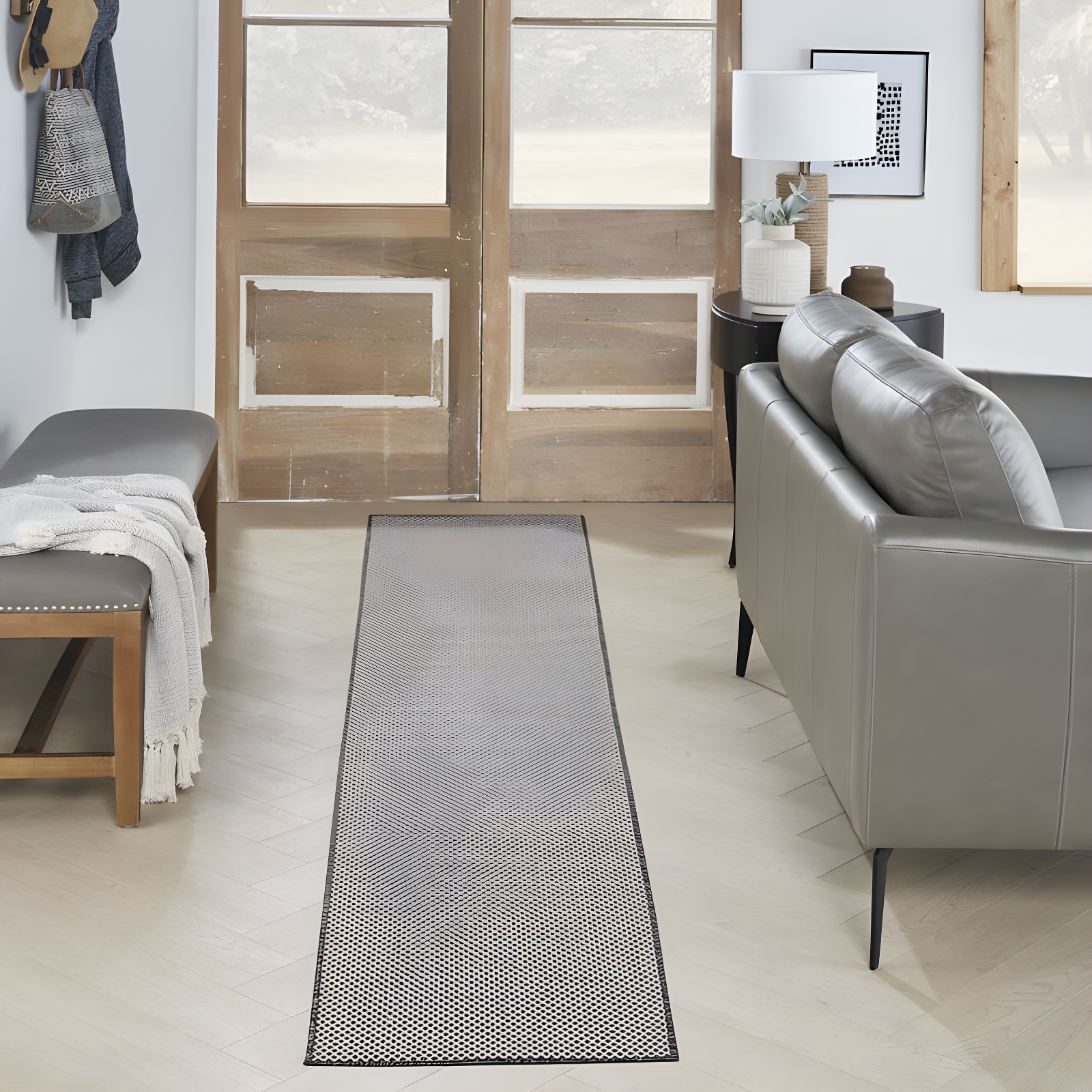 Nourison 2'2" x 10' Courtyard Modern Easy Care Flatweave Indoor Outdoor Runner Rug Ivory/Charcoal