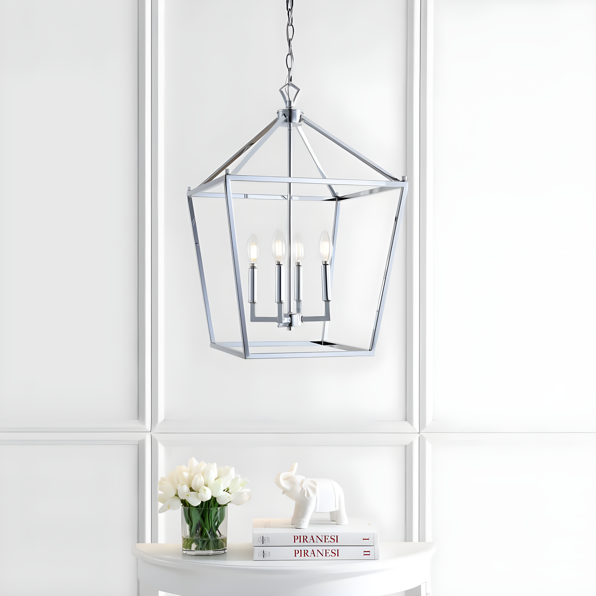 Pagoda 16" 4-Bulb Lantern Metal LED Pendant, Chrome