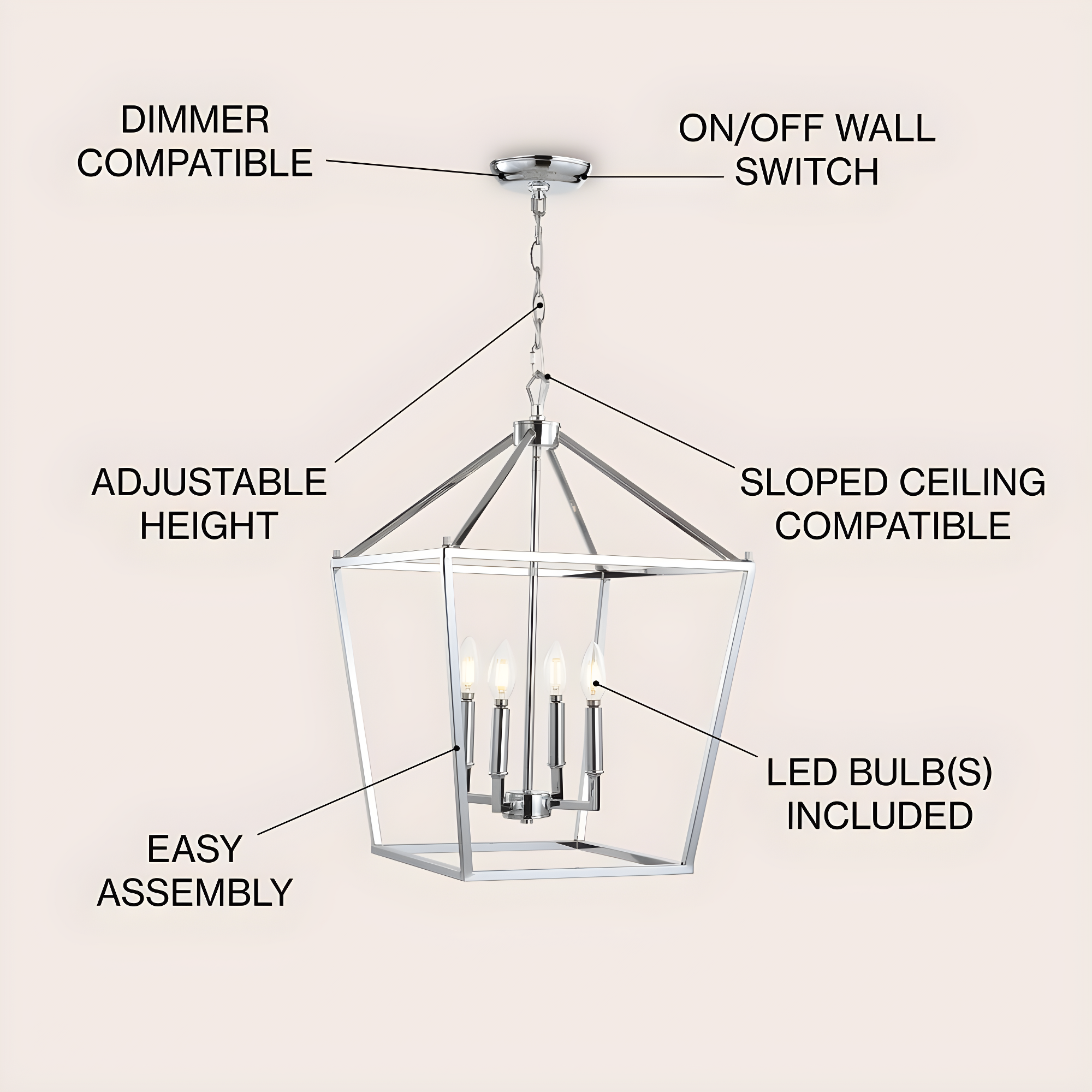 Pagoda 16" 4-Bulb Lantern Metal LED Pendant, Chrome