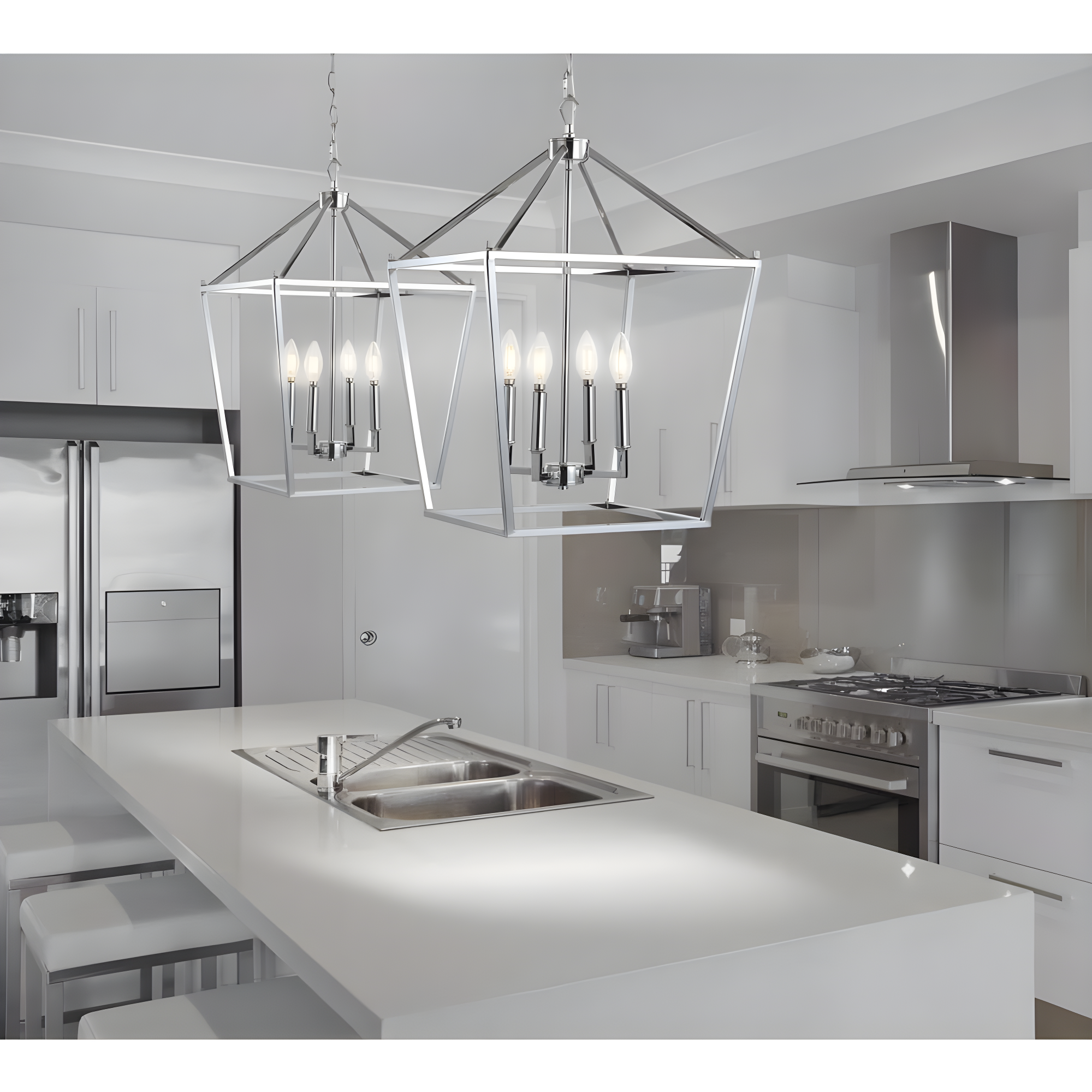 Pagoda 16" 4-Bulb Lantern Metal LED Pendant, Chrome