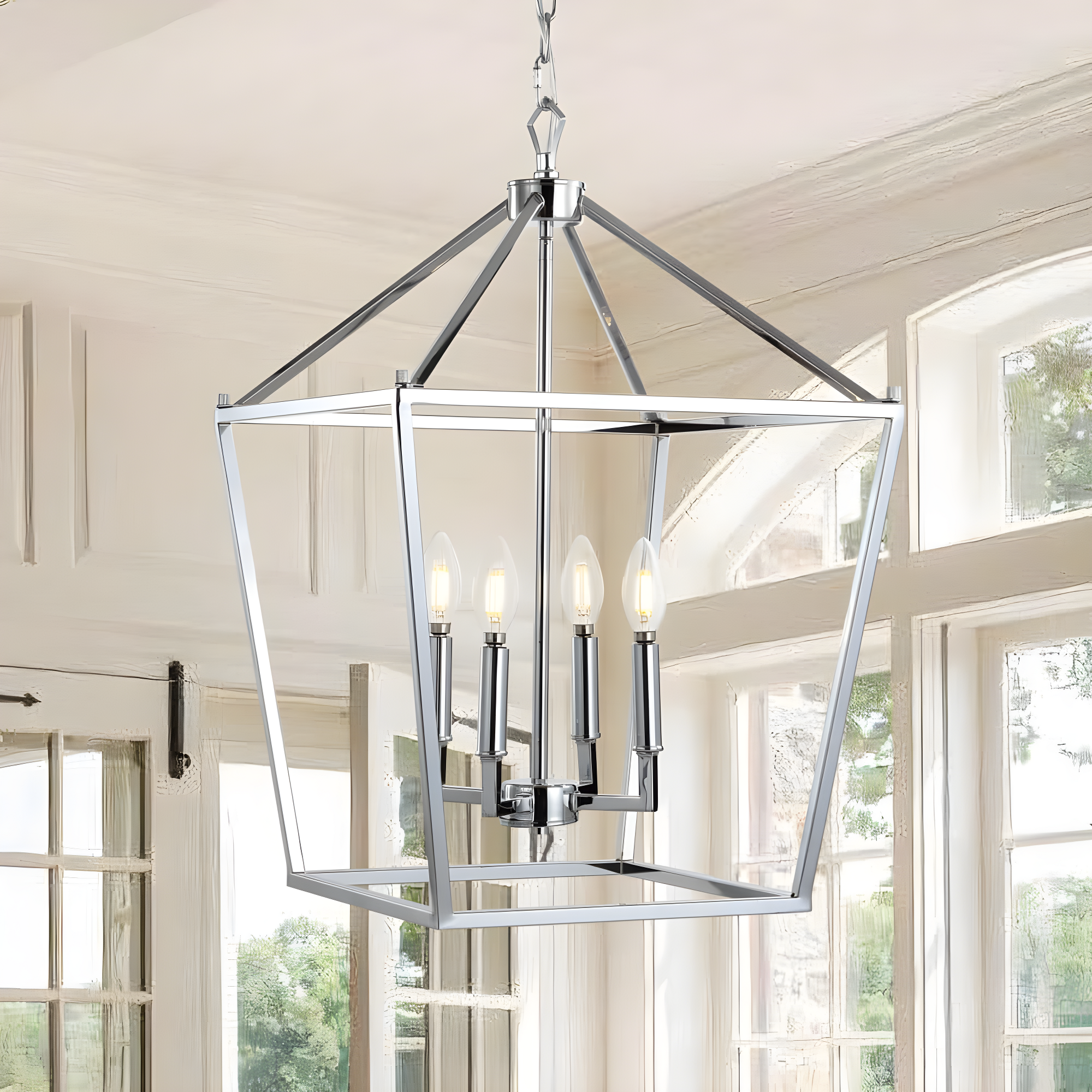 Pagoda 16" 4-Bulb Lantern Metal LED Pendant, Chrome