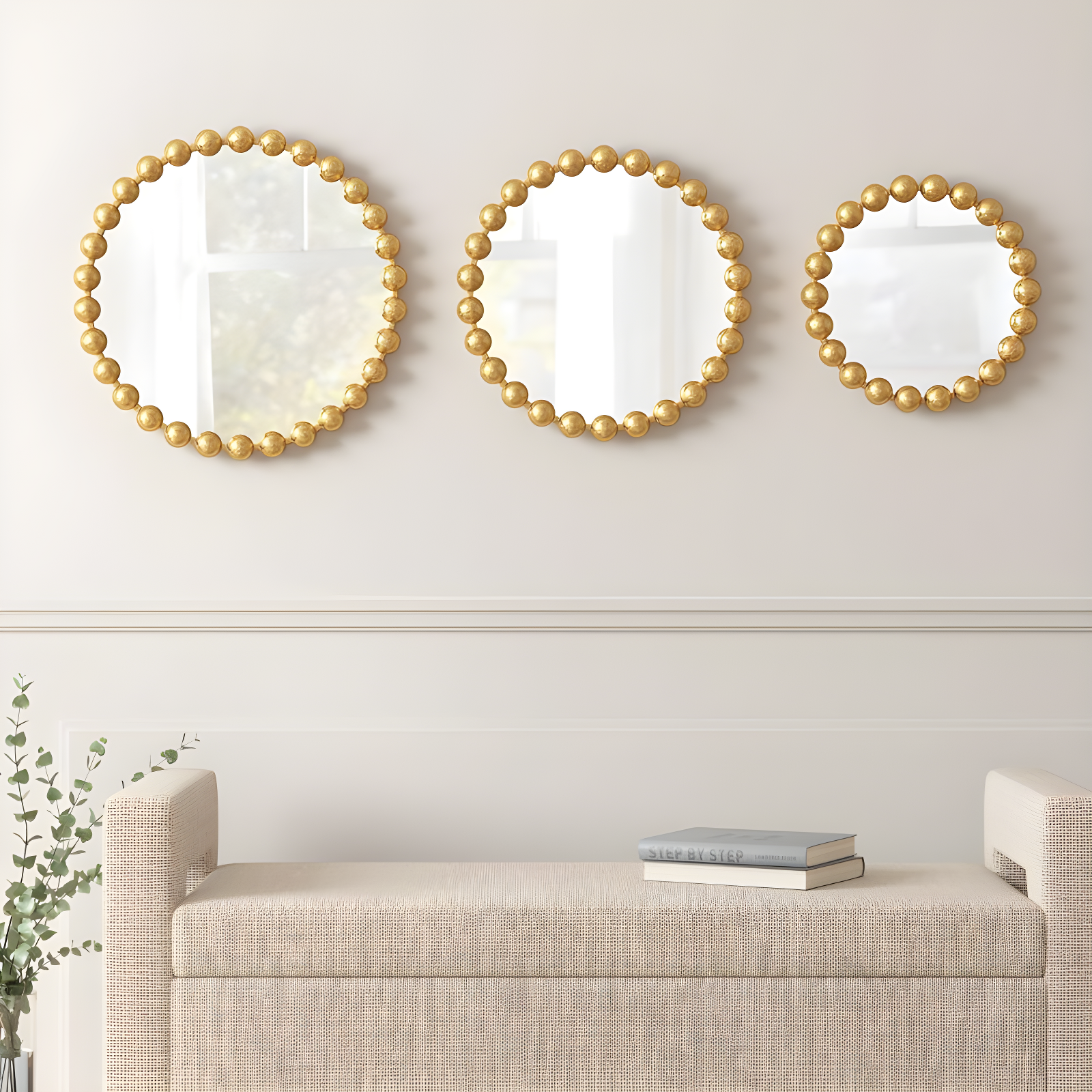 Marlowe 3-Piece Gold Beaded Round Wall Mirror Set