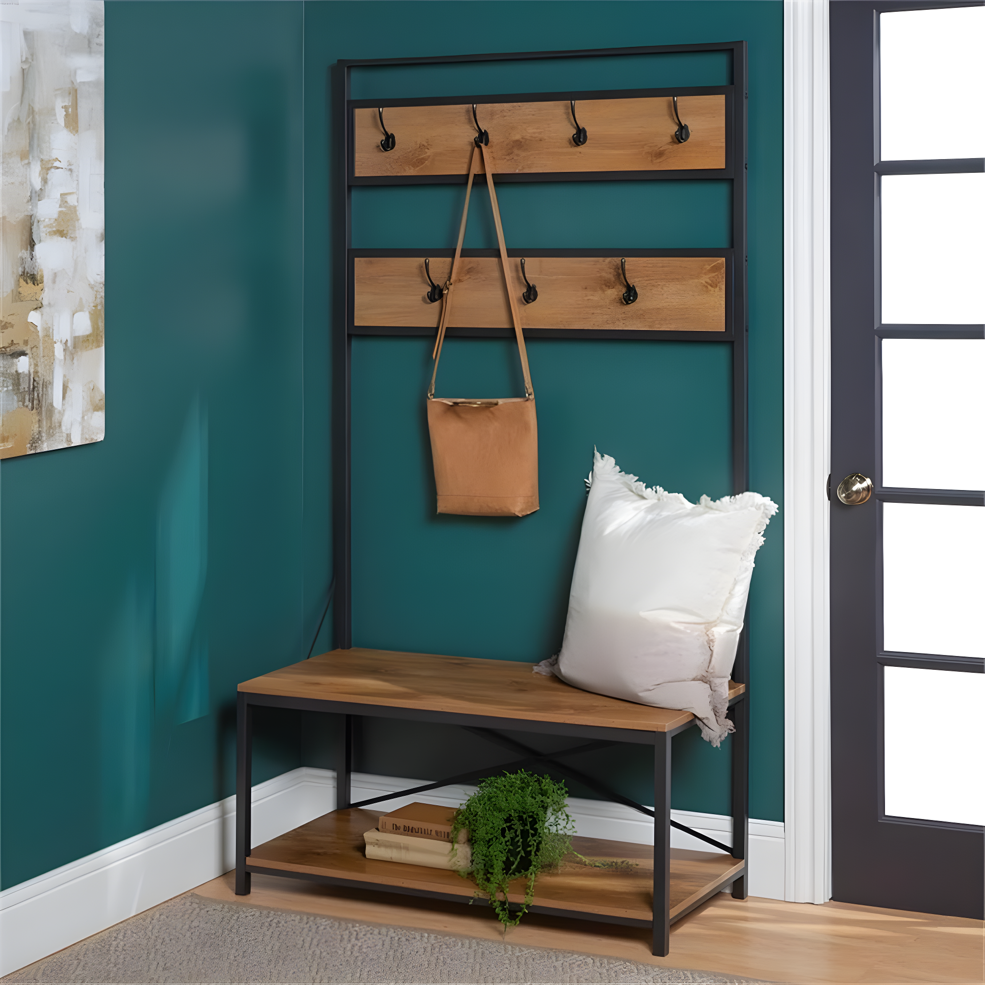 Walker Edison Industrial Hall Tree with Bench and Coat Hooks, Barnwood