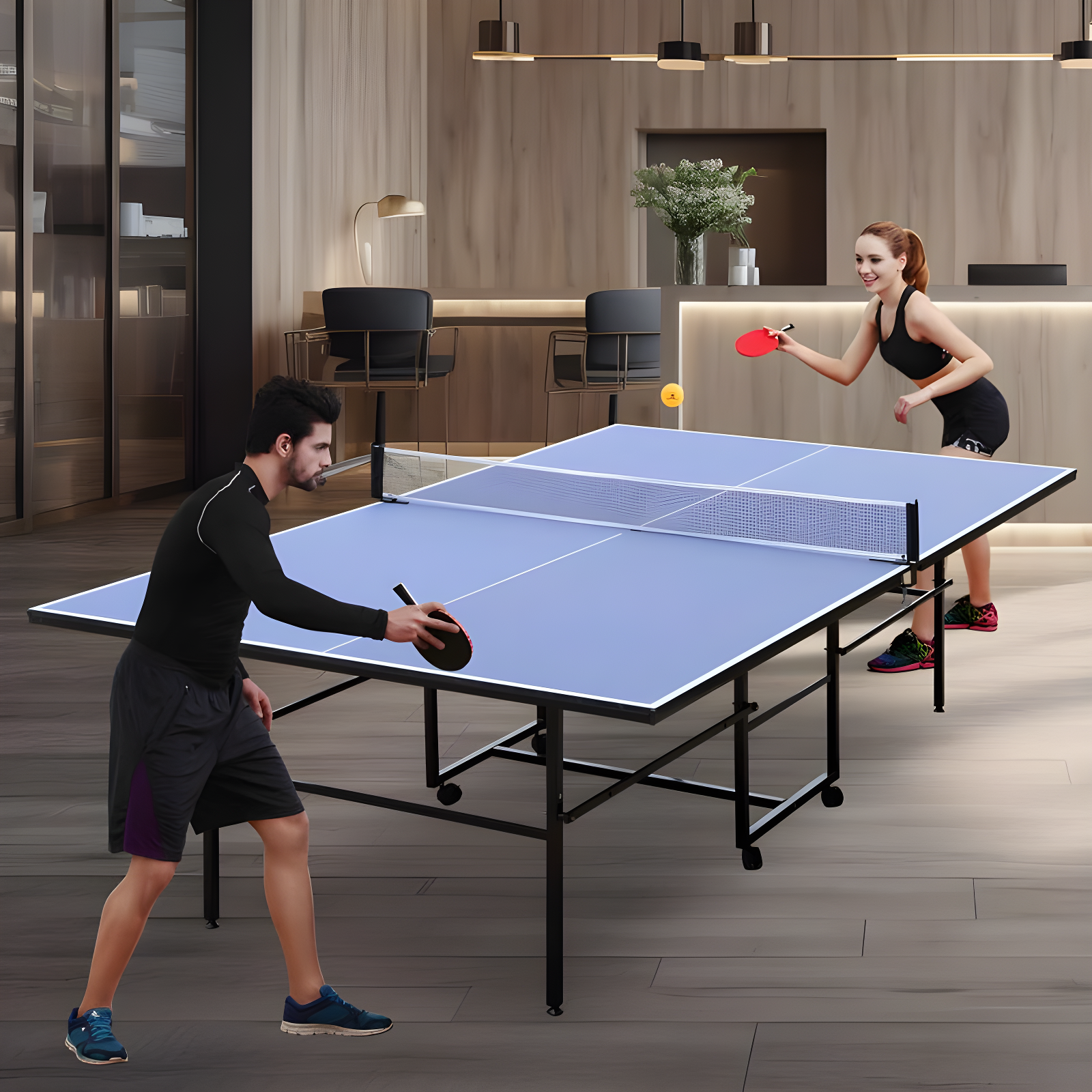 ALPHANEO 9Ft Mid-Size Table Tennis Table Foldable  And  Portable Ping Pong Table Set For Indoor  And  Outdoor Games With Net, 2 Table Tennis Paddles And 3 Balls